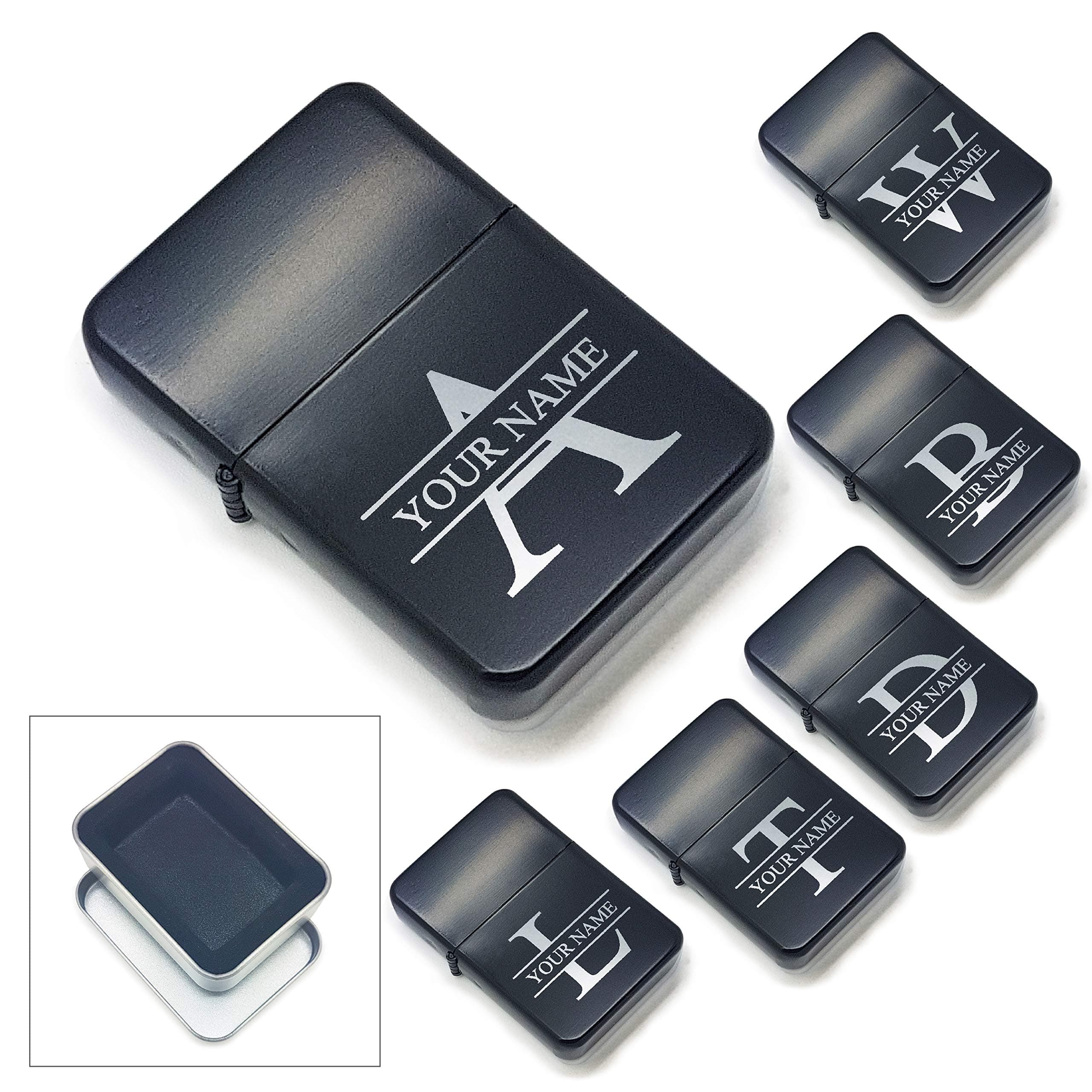 Personalised Engraved Black Painted Lighter, Choose Any Initial and Then Add The Recipients Name, Comes with Soft Lined Metal Tin Gift Box for Presentation.