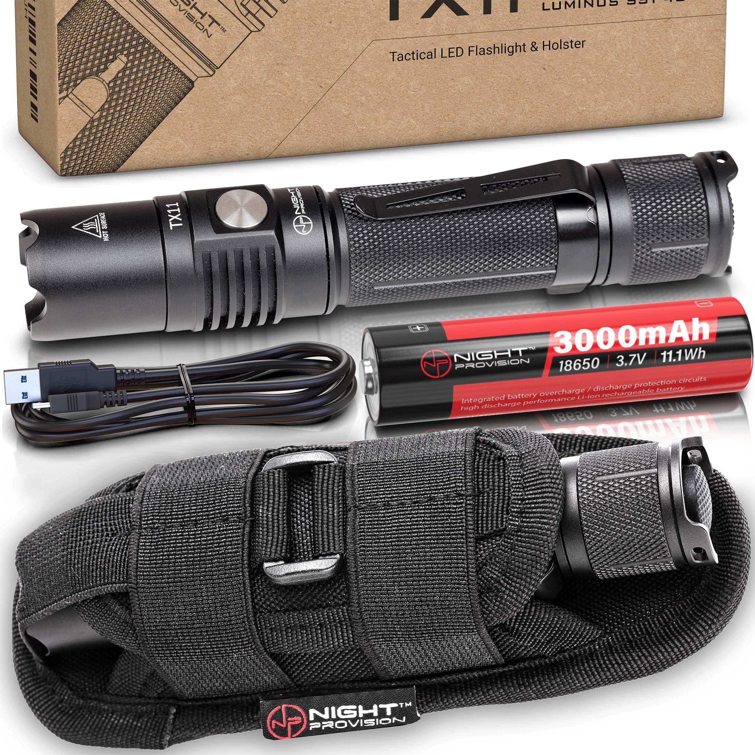 TX11 Flashlight & TH2C Tactical Duty Belt Holster - USB-C Rechargeable Battery - Luminus 1600 Lumens LED - For Police Security Military Grade Brightest Tac Flashlights (Tactical Holster)
