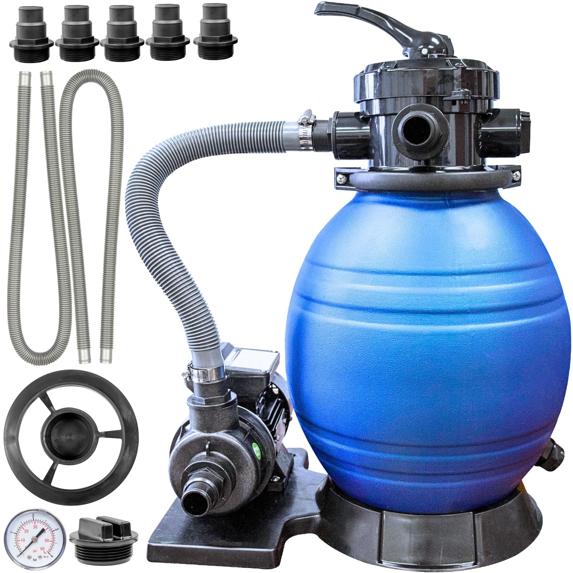 HYDROTOOLS 19 Inch Sand Filter Combo Set with Stand & Multi Port Valve | 0.9 THP DOE Complaint Pump 4500 GPH | Up to 19000 Gallons | 175 Pound Sand Capacity
