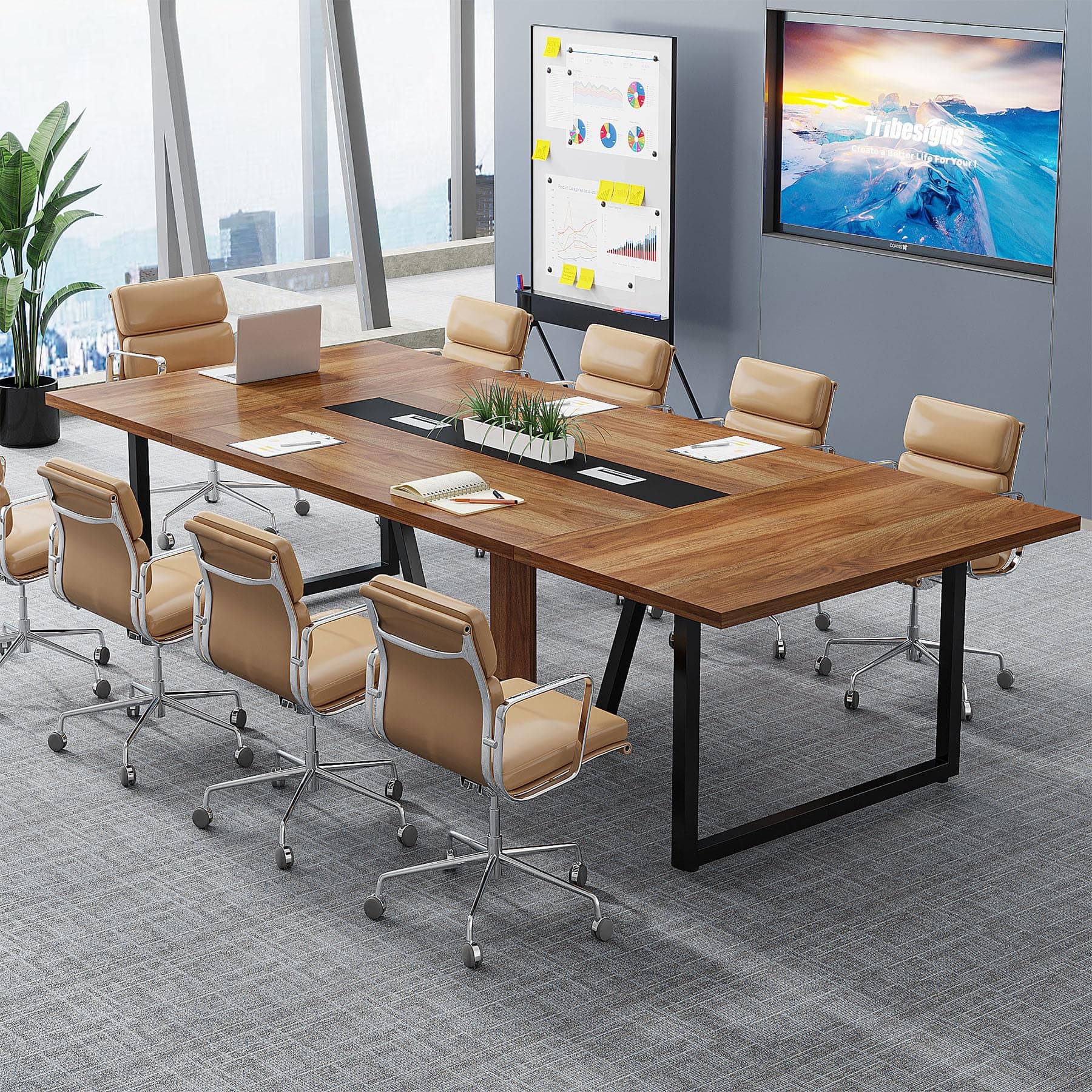 Tribesigns 8FT Conference Table, 94.49 L x 47.24 W x 29.53 H Inches Large Meeting Podcast Table for 10 People, Business Style Wooden Training Table with Strong Metal Frame for Office Conference