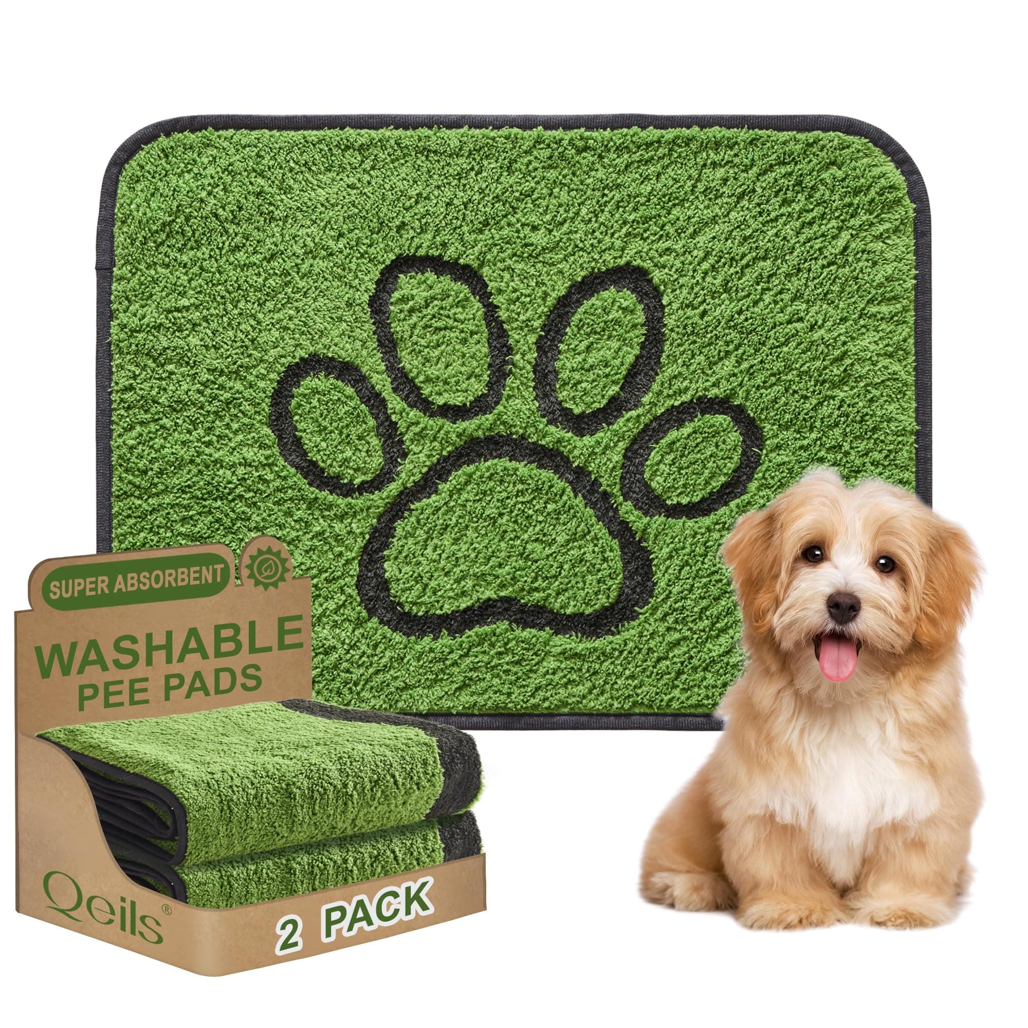 Qeils Reusable Dog Pee Pads, 2 Pack Super Absorbent & Leakproof Washable Puppy Pads with Soft Green Top Layer, for Potty Training, Crates, Couch, Car Seats & Pet Beds, 18"x24"