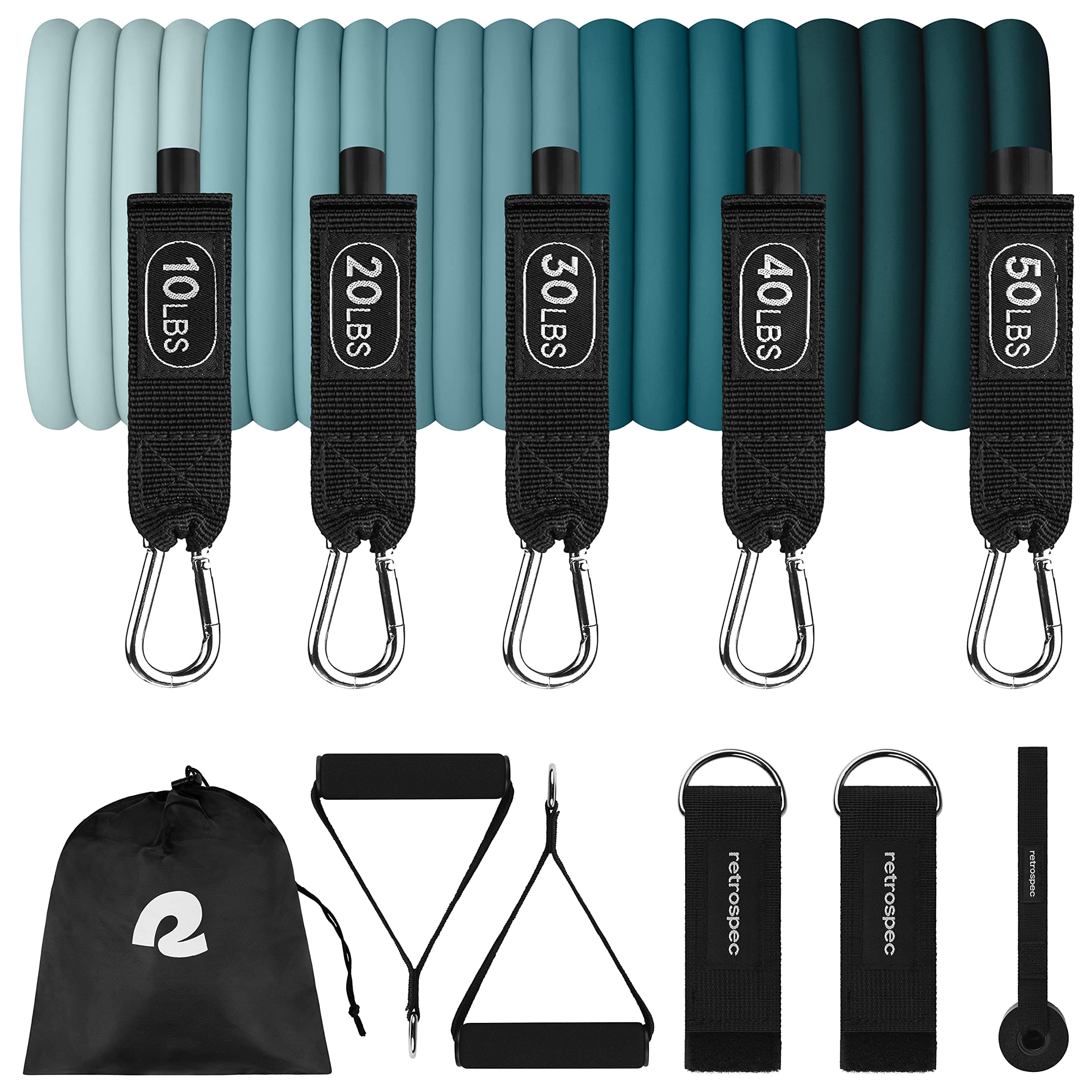 Retrospec Train Resistance Bands Set for Working Out - 5 Stackable Bands, Handles & Door Anchor - Portable Fitness Equipment for Physical Therapy & Yoga Includes Carry Bag