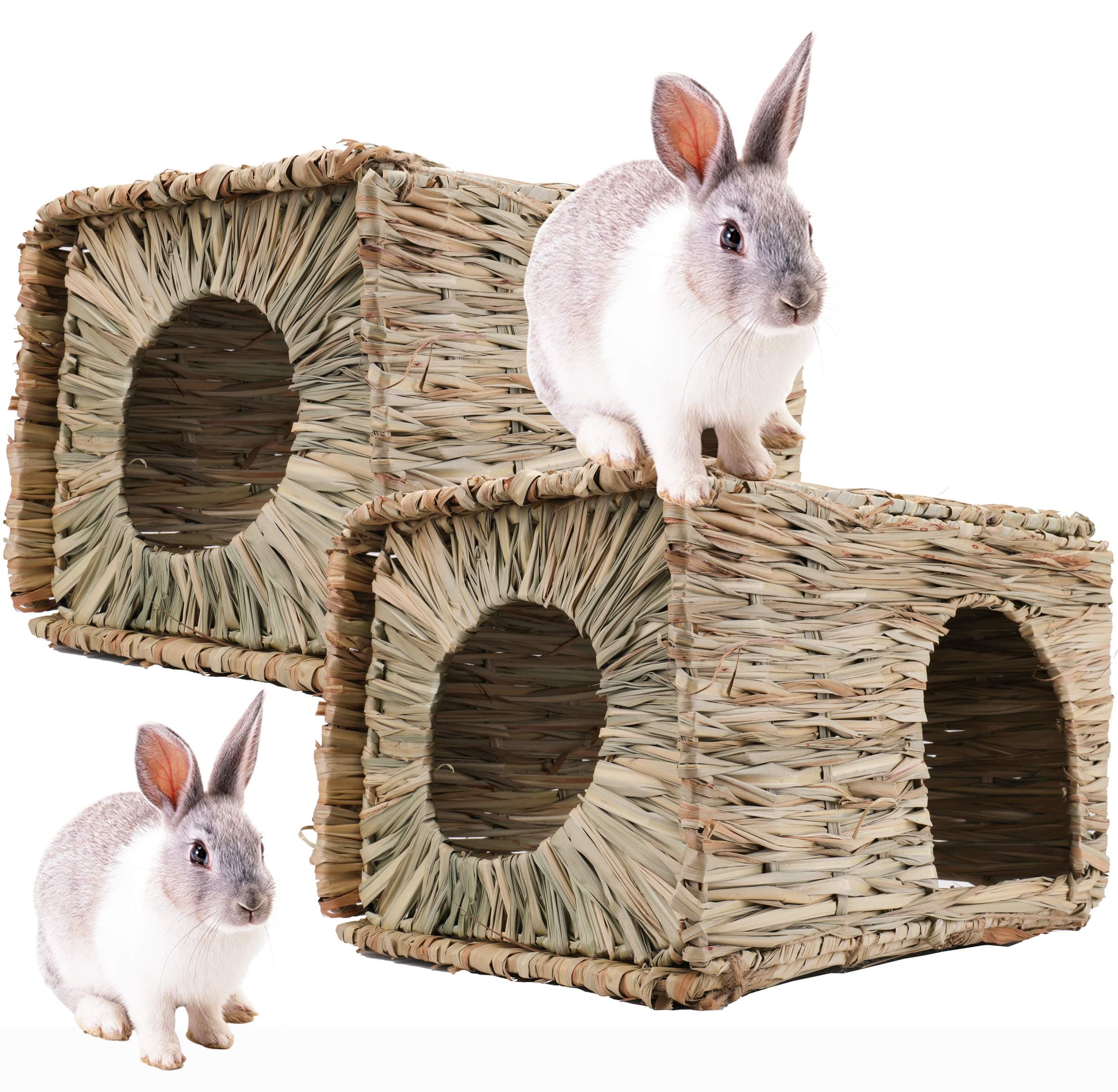 WUWEOT 2 Pack Large Grass House, Foldable Hand-Made Woven Hut for Bunnies, Guinea Pigs, Gerbils, Hamster and Small Animals, Safe and Comfortable Playhouse for Laying or Sleeping (14â€Â11â€Â10â€Â)