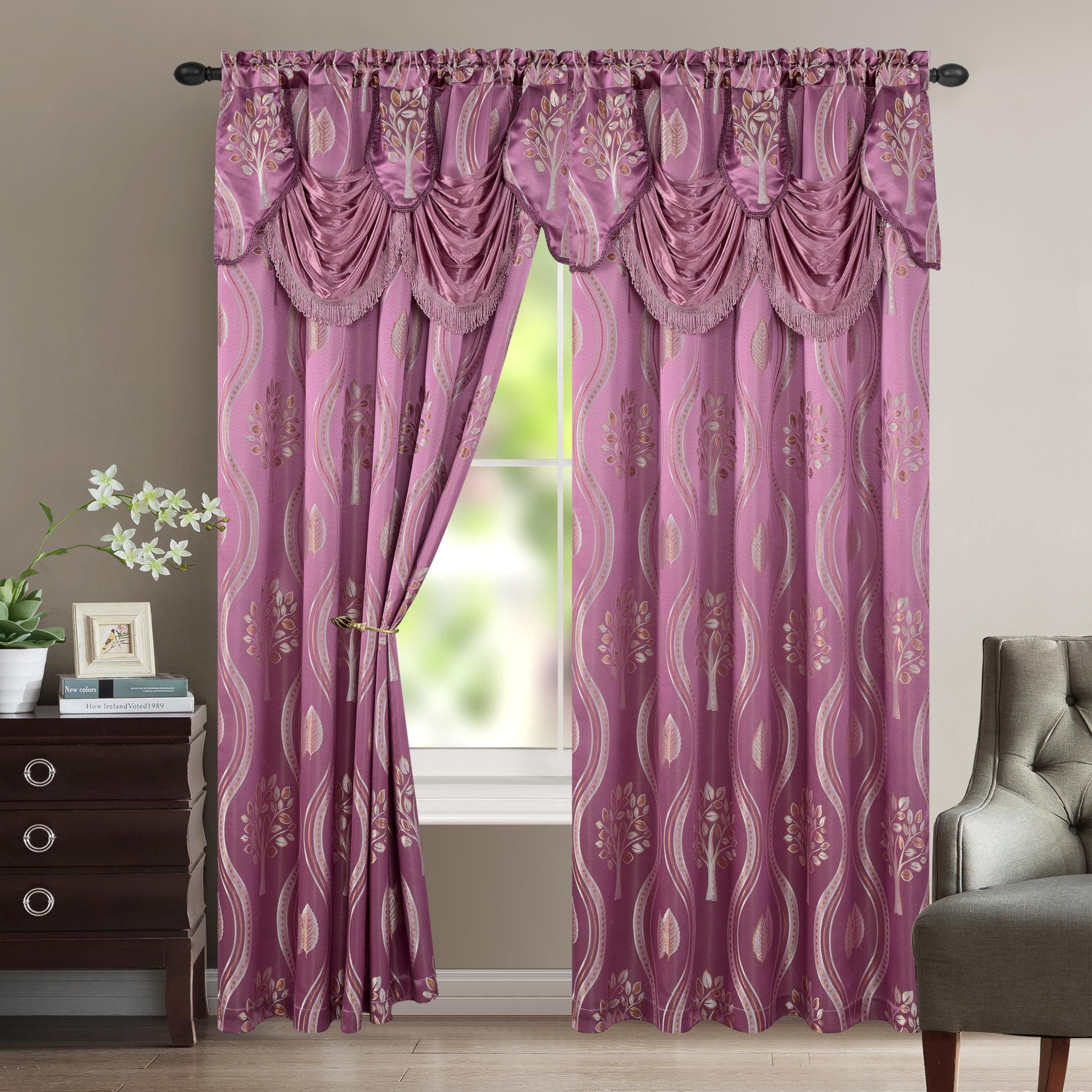 Elegant Comfort Aurora Jacquard Look Curtain Panel Set with Attached Valance 54" X 84 inch (Set of 2), Lilac