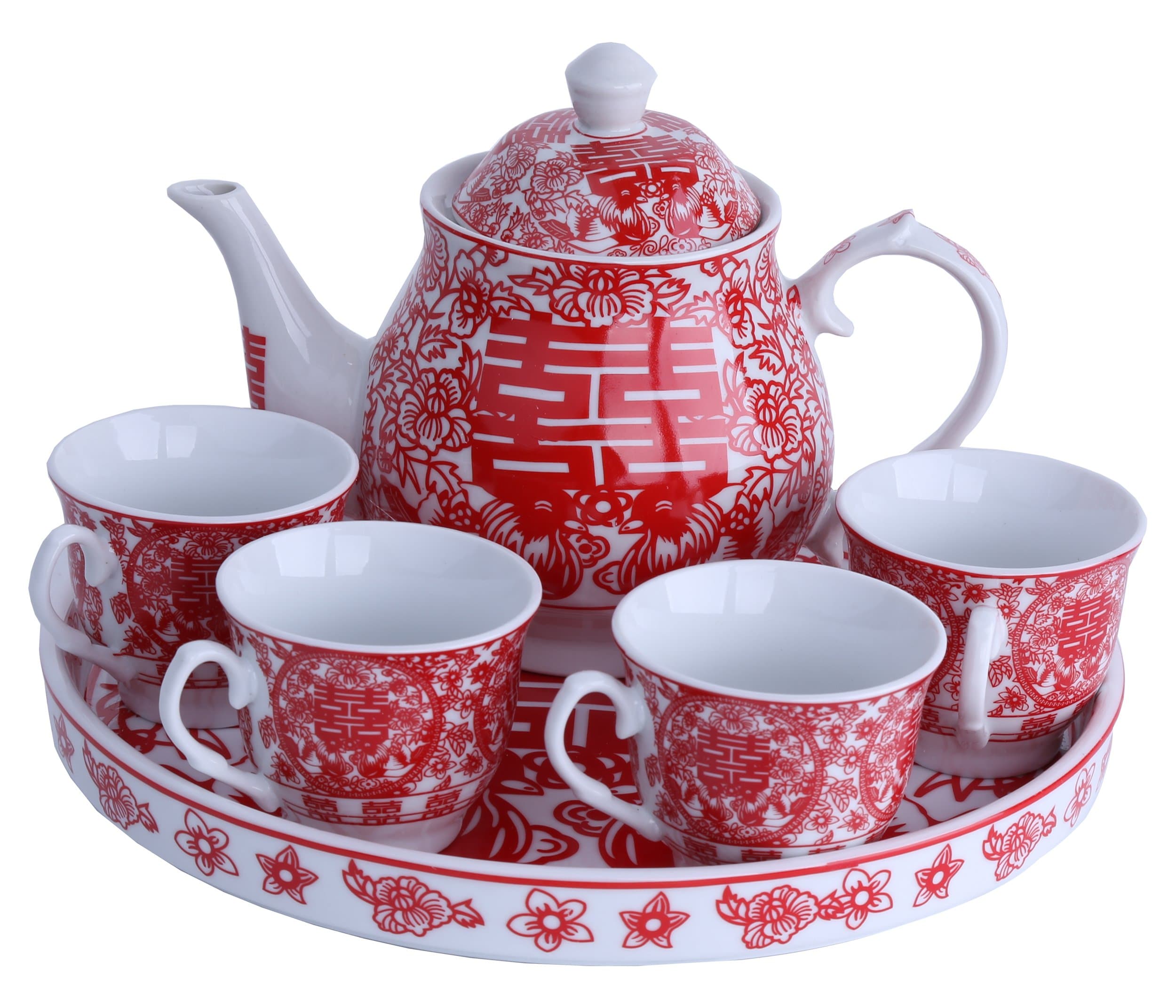 Greencherry Chinese Tranditional Wedding Red Double Happiness Porcelain Tea Set Teapot and Tea Cup 5 Pcs with Base