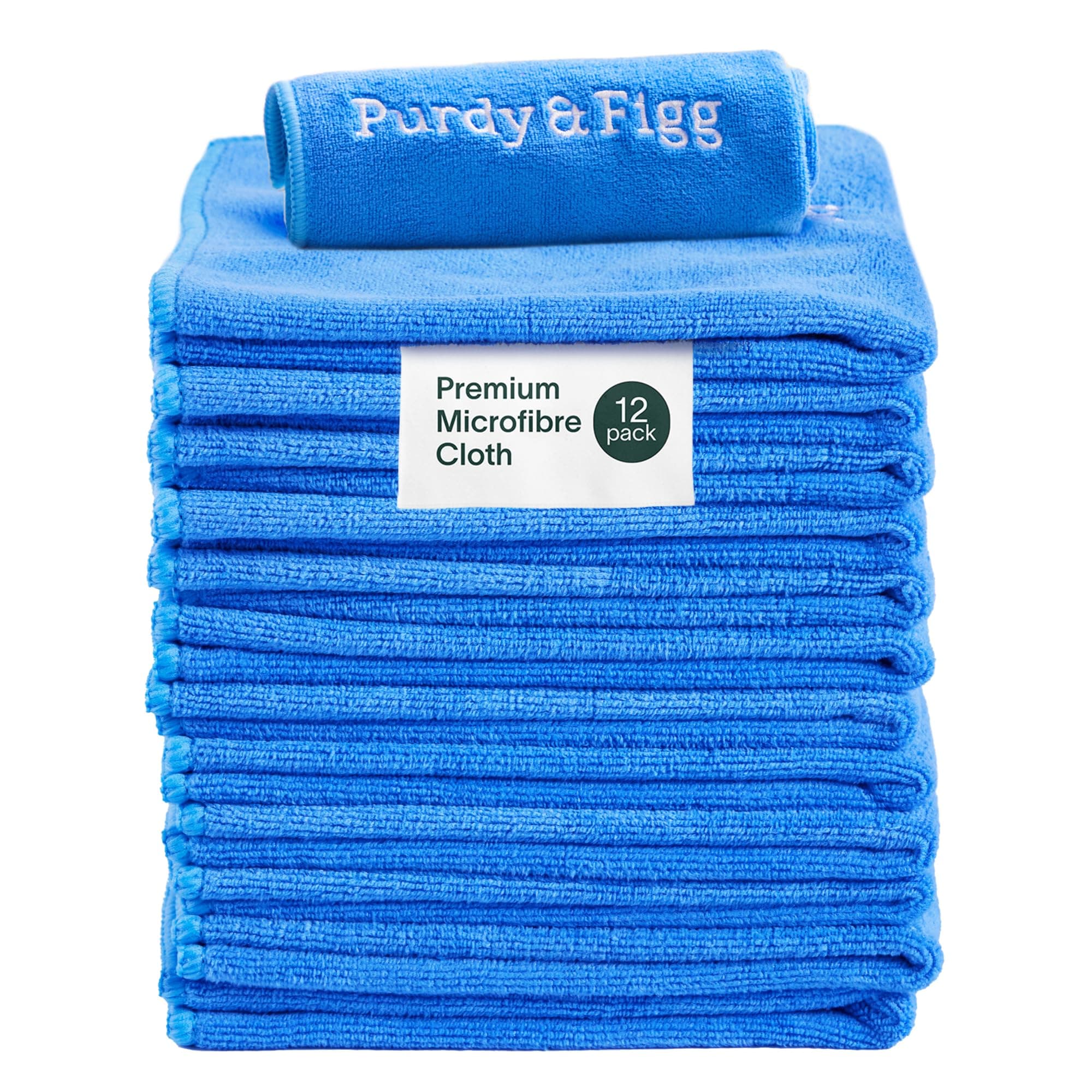 Microfiber Cloth l Purdy and Figg l Super Soft Streak-Free Multipurpose Polishing Premium Cleaning Cloth l Lint Free, Scratch-Free, Super Absorbent, Reusable Washable Cloth l Blue l Pack of 12