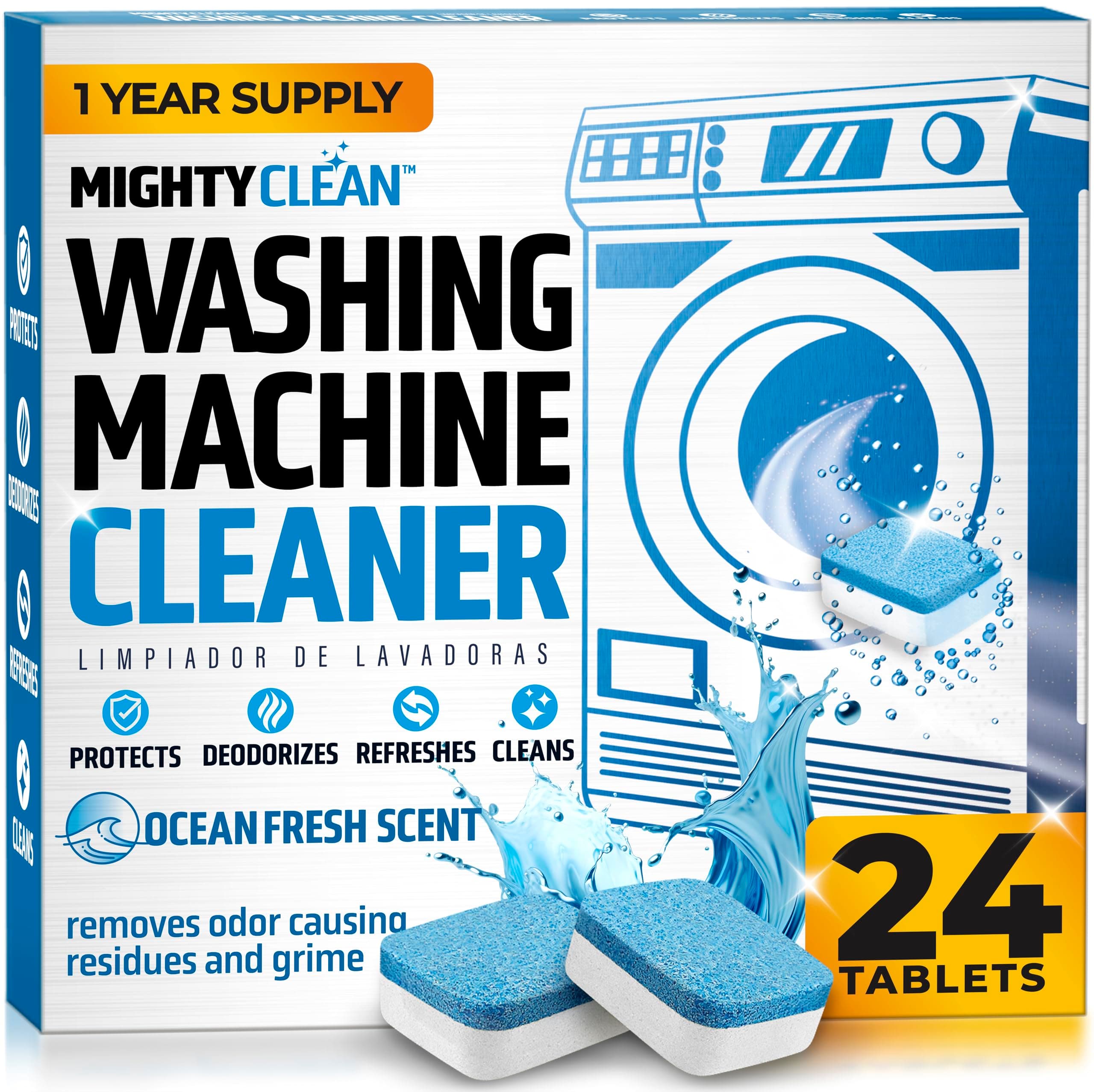 Washing Machine Cleaner Tablets 24 Pack - 1 Year Supply Washer Machine Cleaner Tablets, Septic Safe Washing Machine Cleaning Tablets, Washer Cleaner Tablets, Works with All Washers Including HE