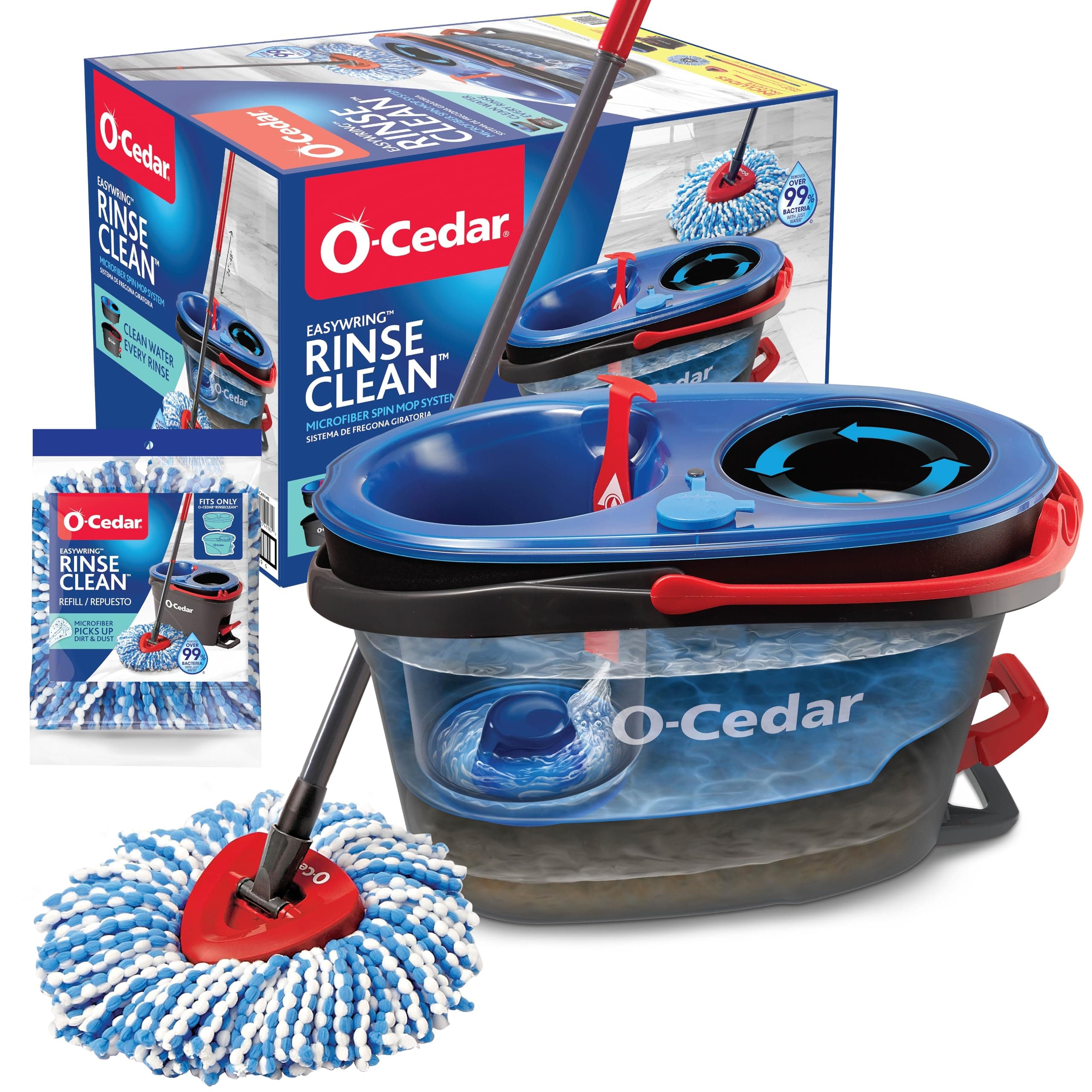 O-Cedar RinseClean Spin Mop & Bucket System + 1 Extra Mop Head | Clean with Clean Water | Removes 99% of Bacteria