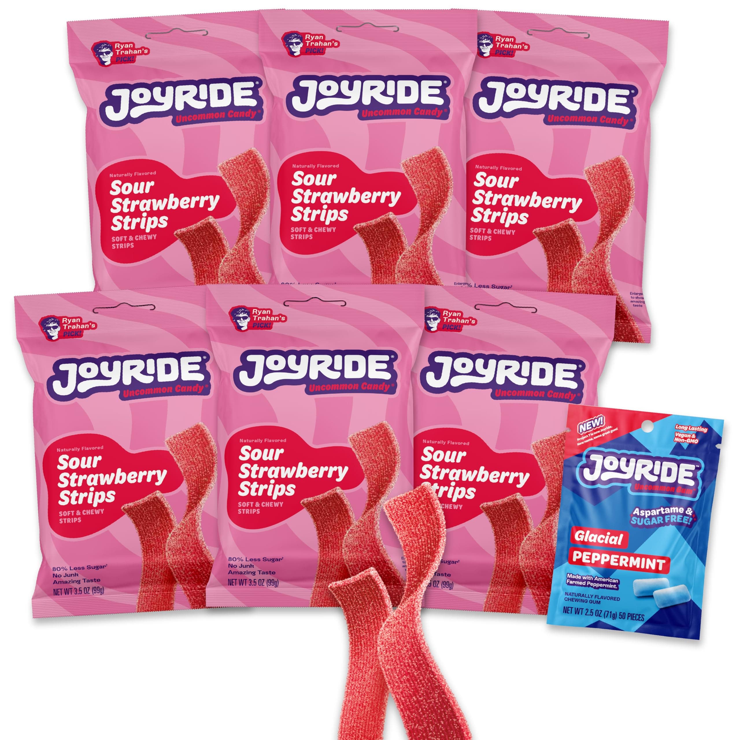 Strawberry Sour Strips - 3.5 oz 6-Pack Bundle with 2.5oz Glacial Peppermint Gum, Low Sugar, Sour Belt Candy, Dye Free, Low Calorie Snacks, Healthy Candy (7 Items)