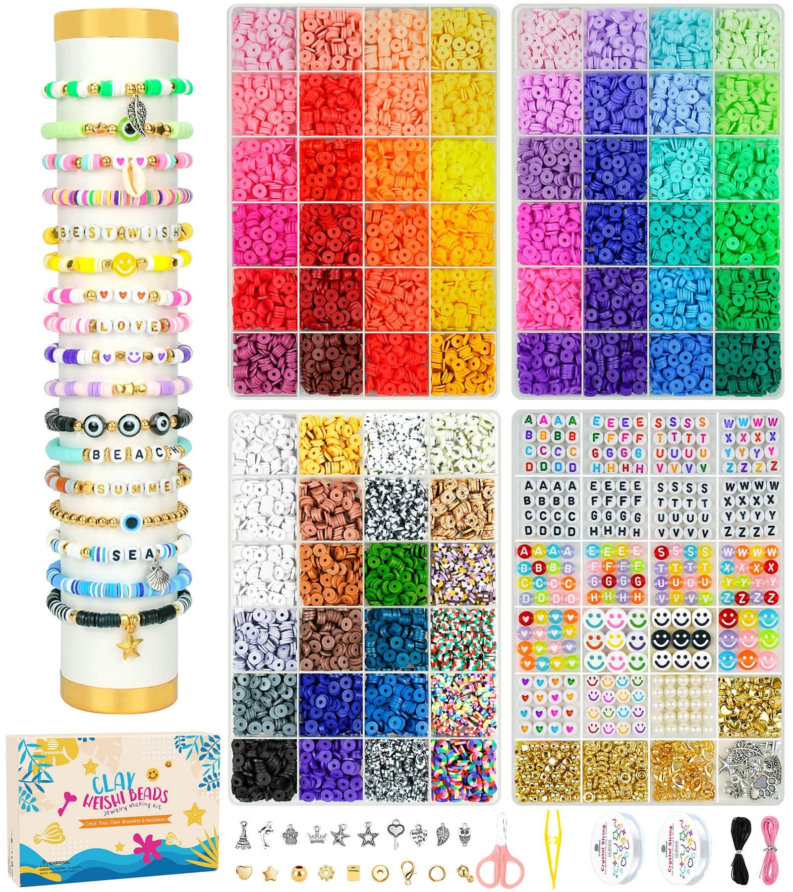 Dowsabel 15000 Pcs Clay Beads Bracelet Making Kit, 4 Boxes 72 Colors Friendship Clay Beads Bracelet Kit with Charms Kit for Jewelry Making, DIY Arts and Crafts Gifts for Kids and Adults