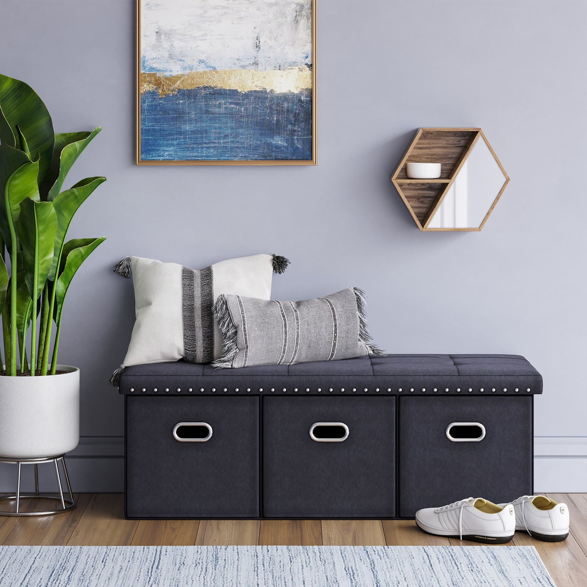 Nathan James Payton Foldable Storage Ottoman Entry Bench and Footrest, Black