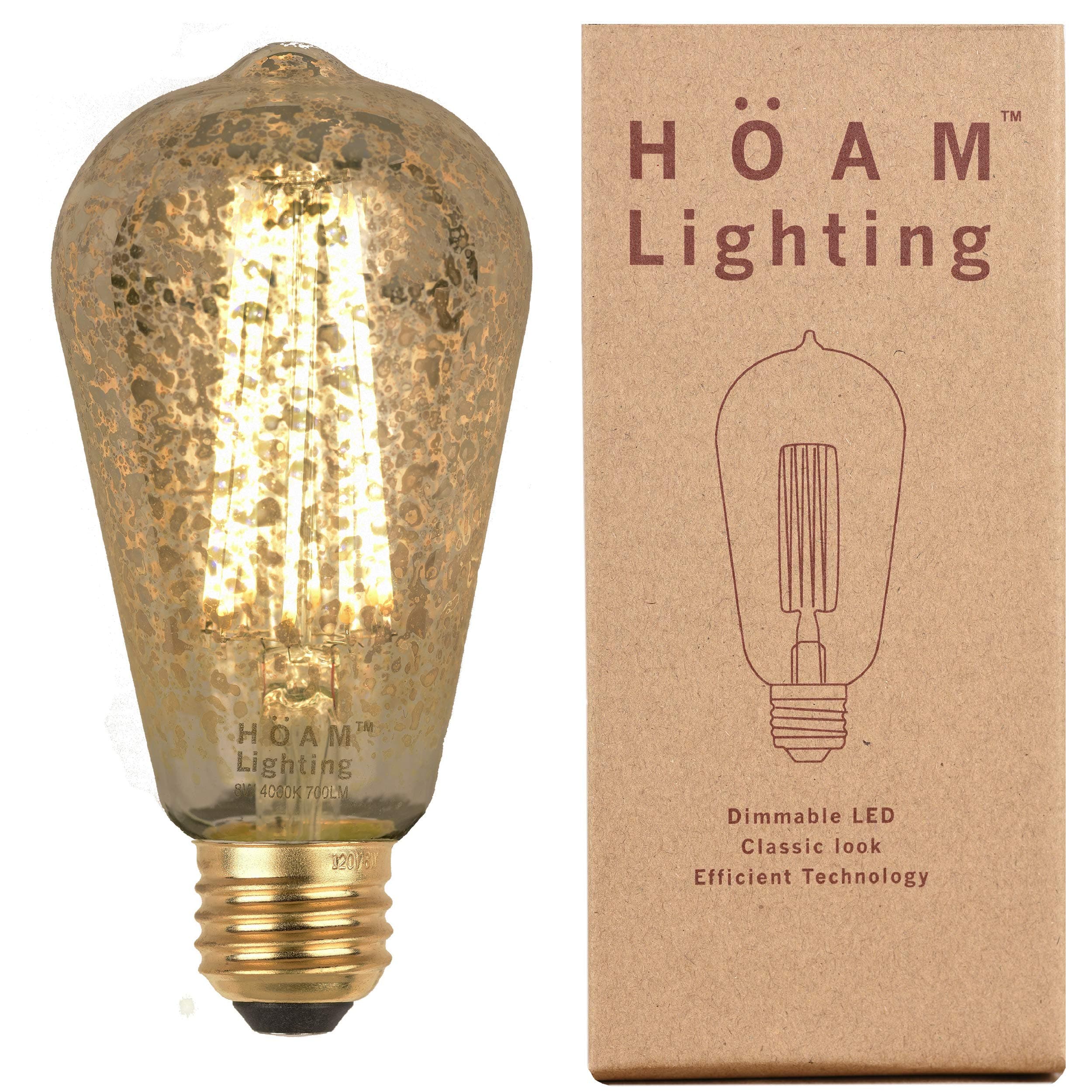 LED Edison Bulb, Dimmable, with Antique Silver Speckles, 8W LED is 75 Watt Incandescent Equivalent, ST64 4000K Cool White Light, 110V 120V E26 E27 Base