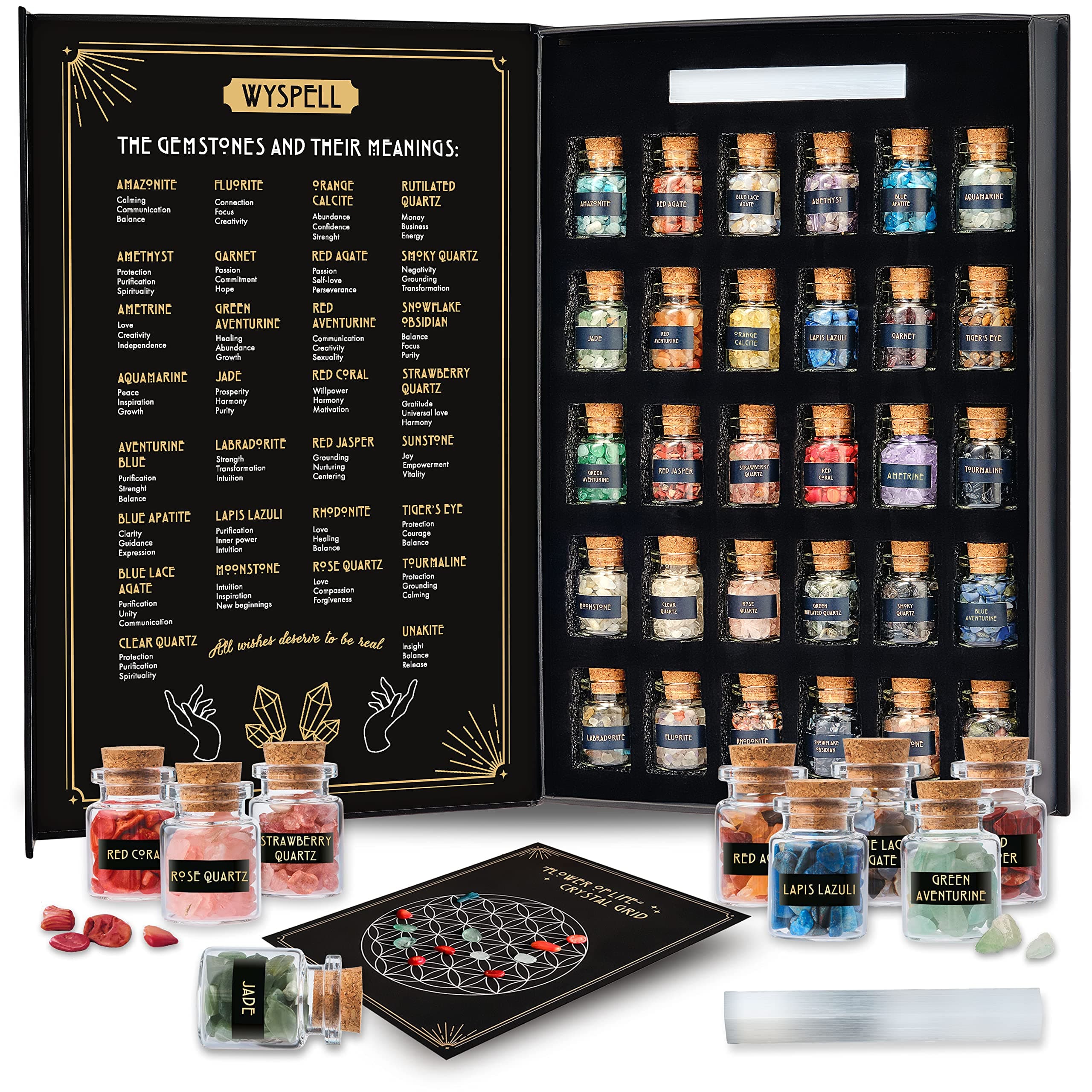 Wyspell Crystals for Witchcraft in Jars 30 PCS - Real Witch Crystals in a Bottle - Altar Witchcraft Crystals and Healing Stones - Crystal Witchcraft Supplies - Mini Gemstones - Wiccan Supply Tool