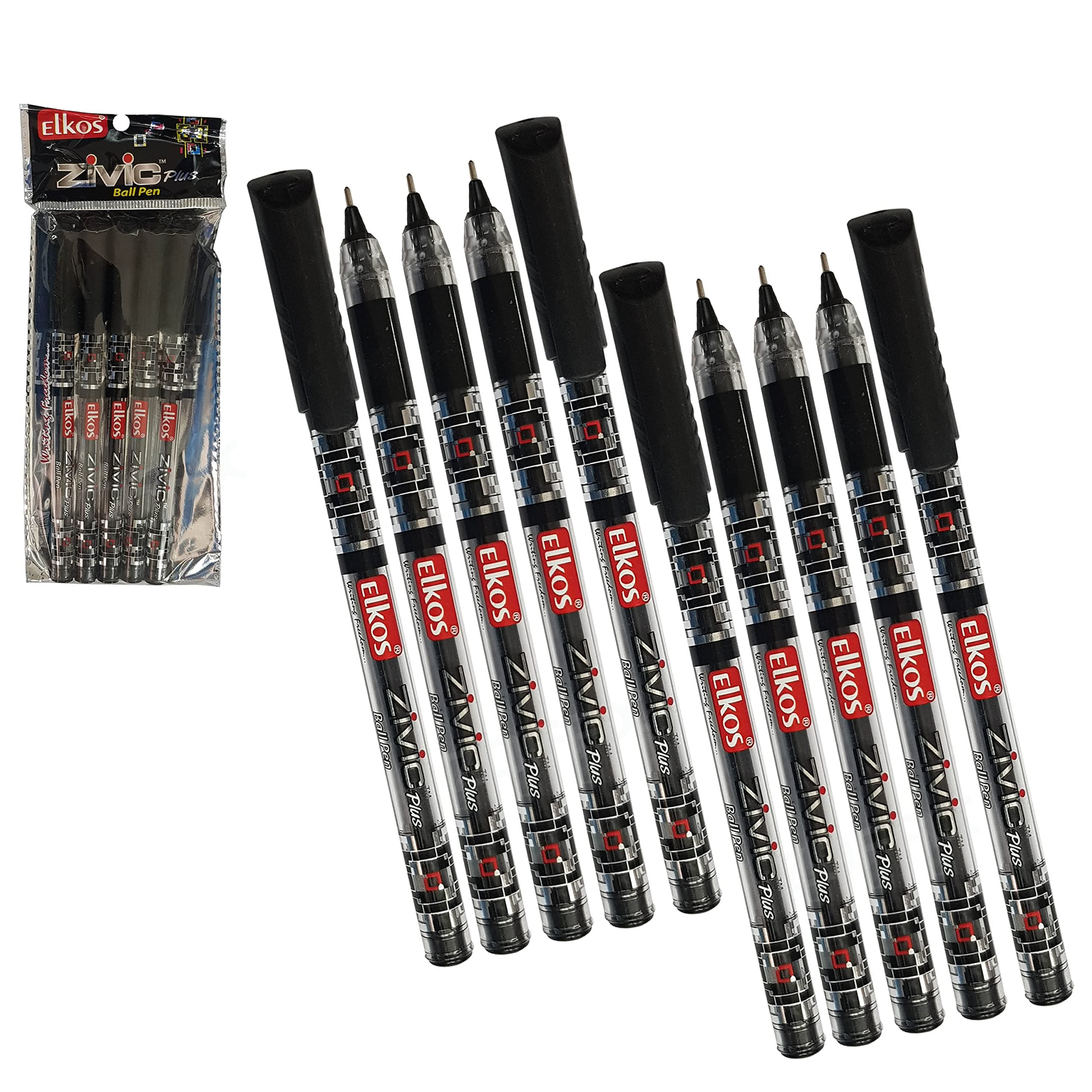 ELKOS BLACK Ballpoint Pens, 0.7mm Fine Point, Pack of 10, Zivic Plus Ball Pens, Smooth Writing, Perfect School Office Home Pens, ZOFAX Black Ball Pen