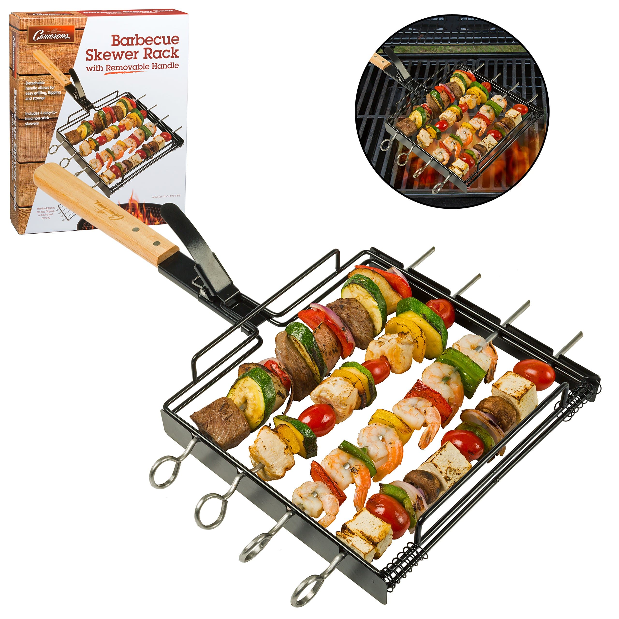 Barbecue Skewer Rack Set w Remoable Handle- Non-stick Stainless Steel Skewers- BBQ Shish Kebabs, Meat, eggies