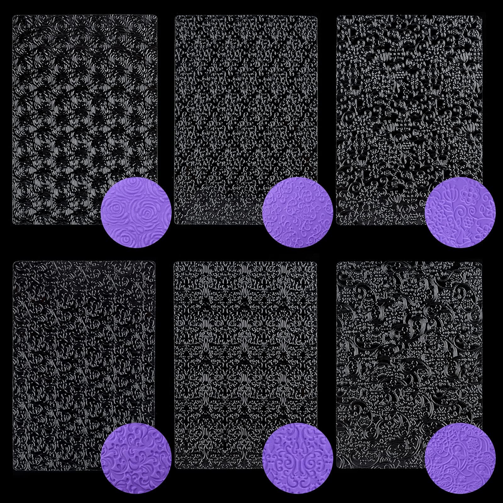 Ocmoiy 6 Pack Fondant Texture Sheets Floral Cake Impression Mats Rose Vine Lace Fondant Embossing Molds for Cake Decorating, Chocolate, Gum Paste, Wedding Cookies