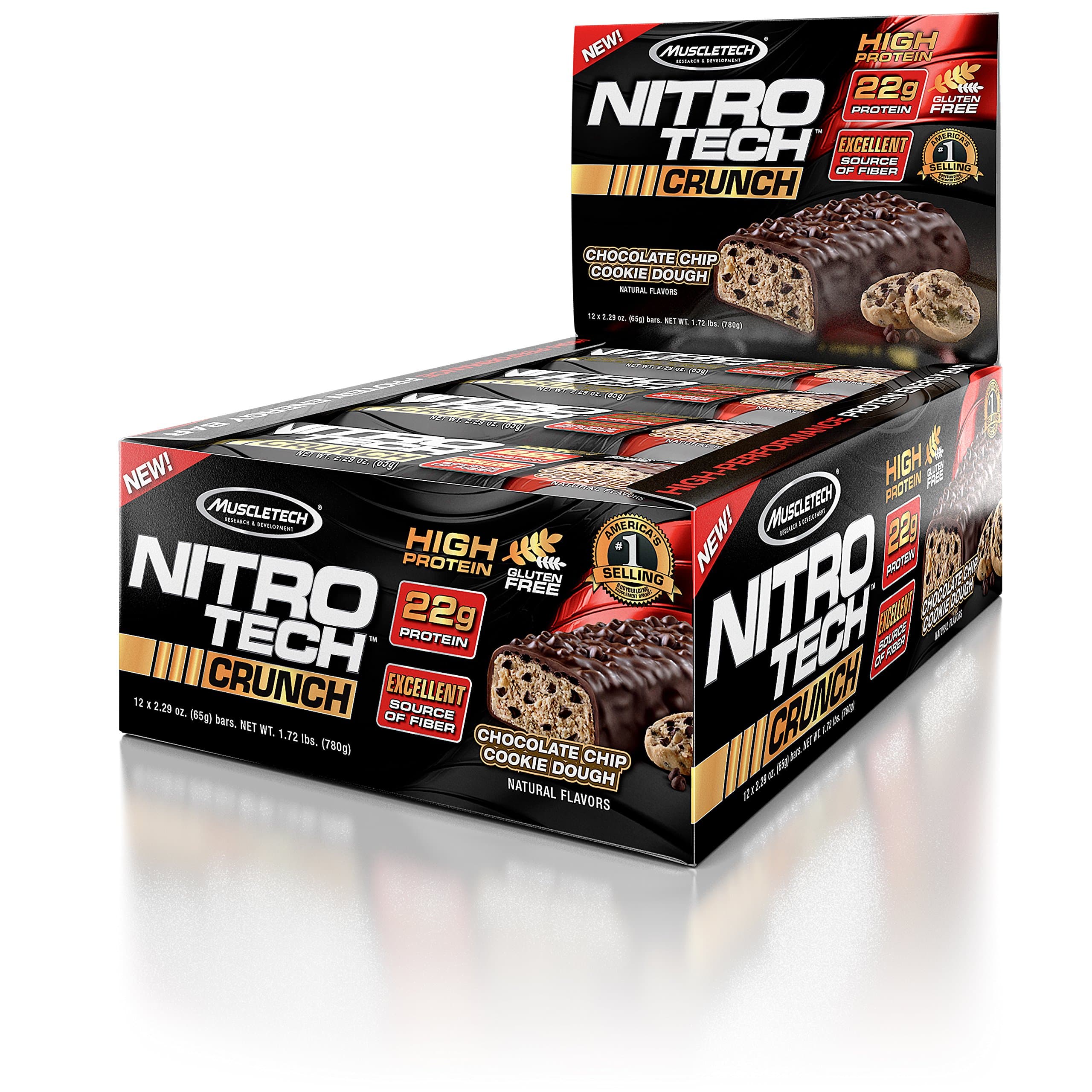 MuscleTech NitroTech Crunch Protein Bar, Chocolate Chip Cookie Dough, 22 Grams Protein, 5 Grams of Fiber, 240 Calories, Low Carb, Gluten Free, 65g Bars, 12 Count