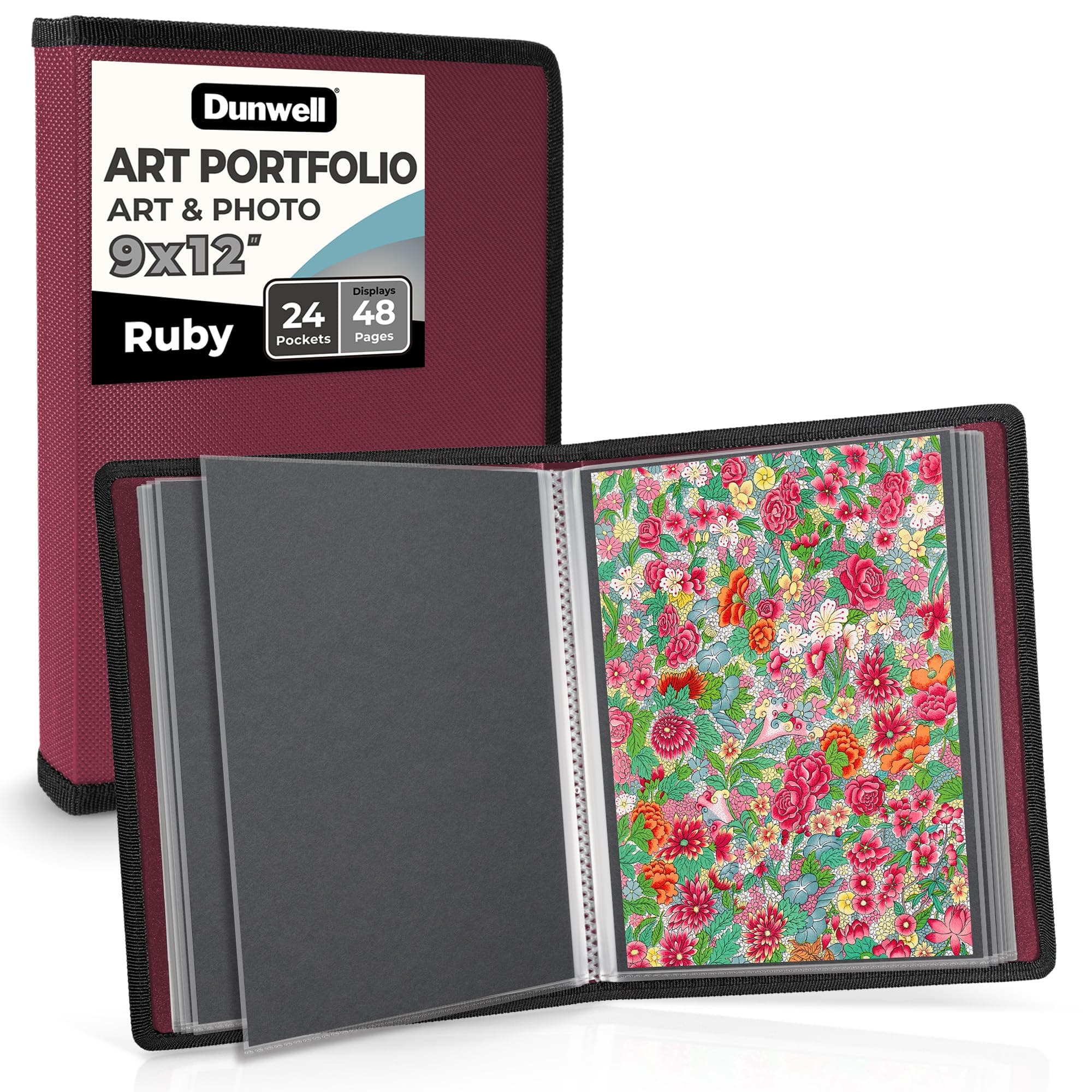 Dunwell Art Portfolio 9x12 Folder (Ruby), Black Mounting Paper, Portfolio Binder for Artwork, 9 x 12 Art Folder, 24 Pockets Display 48 Pages, Acid-Free Poly Presentation Book