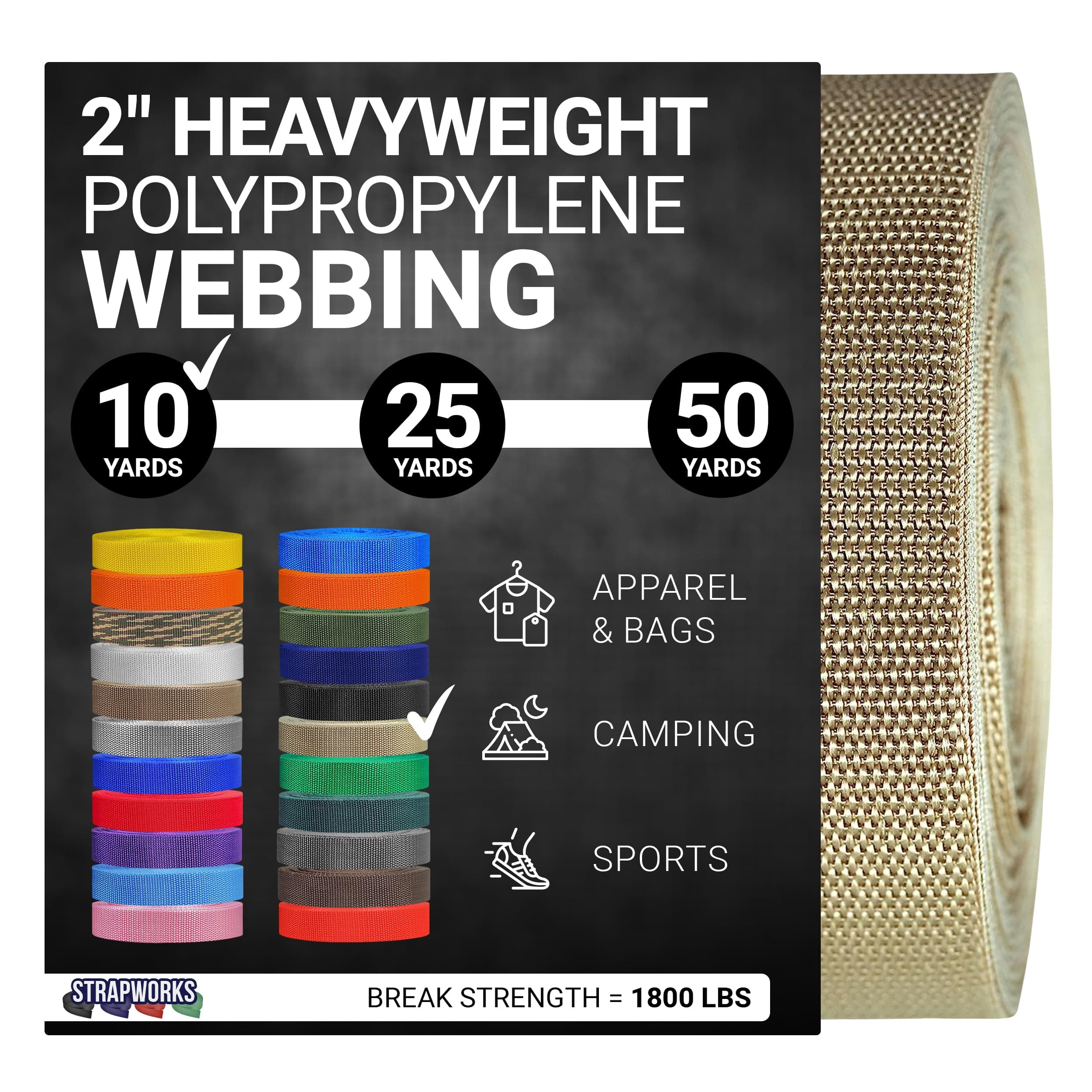 Strapworks Heavyweight Polypropylene Webbing - Heavy Duty Poly Strapping for Outdoor DIY Gear Repair, 2 Inch x 10 Yards - Khaki