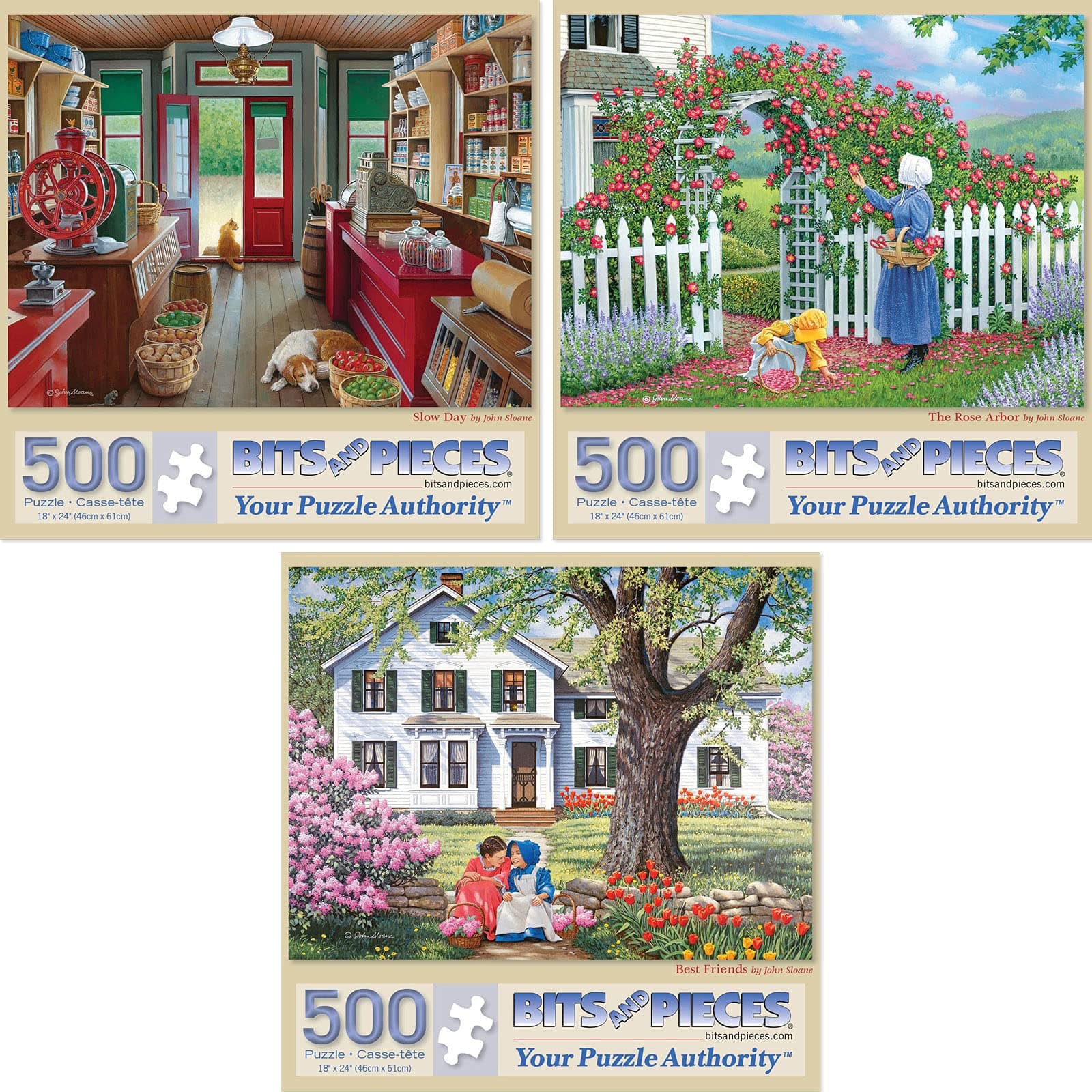 Value Set of Three 500 Piece Jigsaw Puzzles for Adults – Slow Day, The Rose Arbor, Best Friends Jigsaw Puzzles by Artist John Sloane, Completed Puzzle Size: 18" x 24"