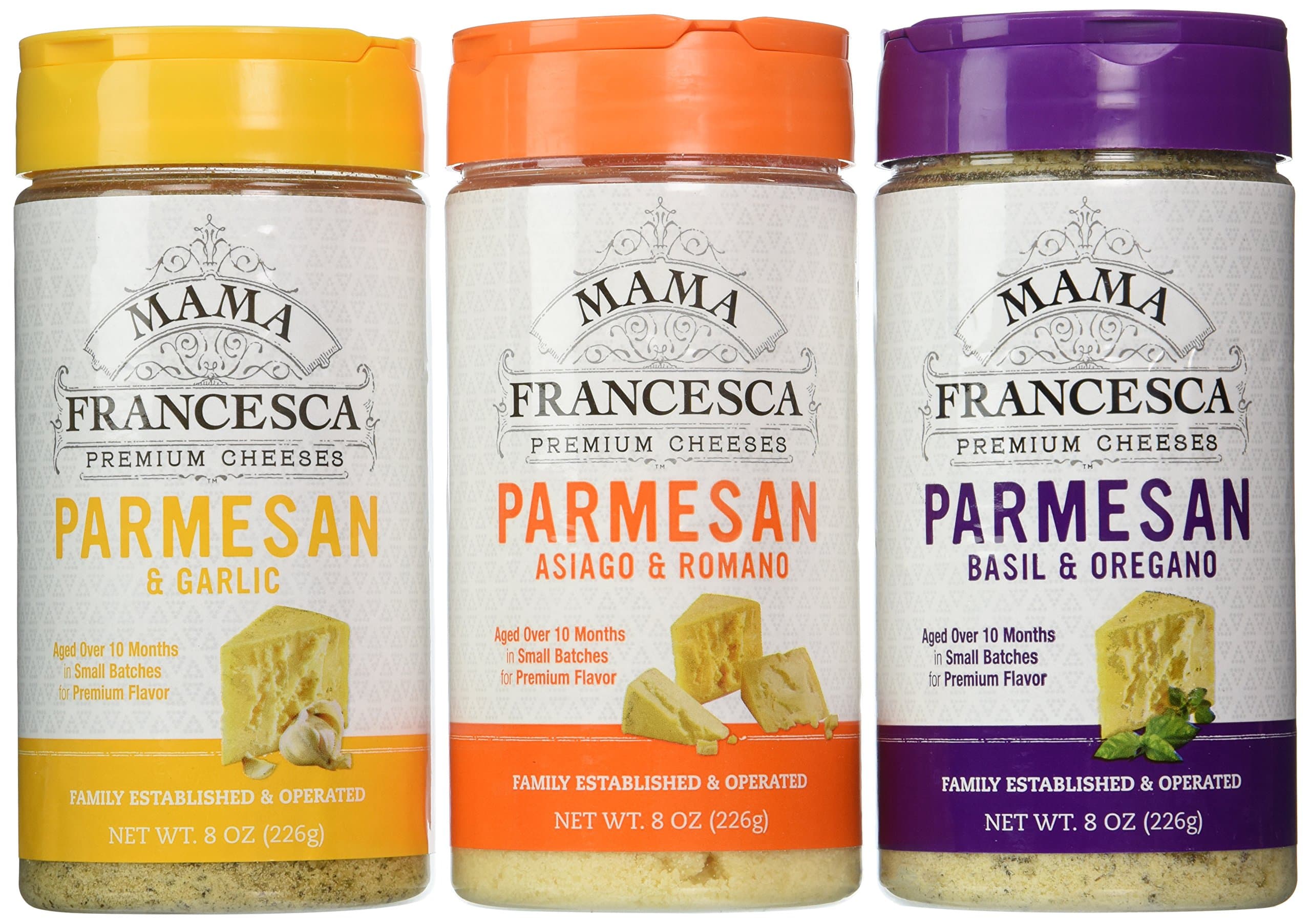 Mama Francesca Premium Grated Cheese Bundle 1ea. Asiago & Romano, Parmesan & Garlic, Basil & Oregano (Pack of 3) 8oz Ea.