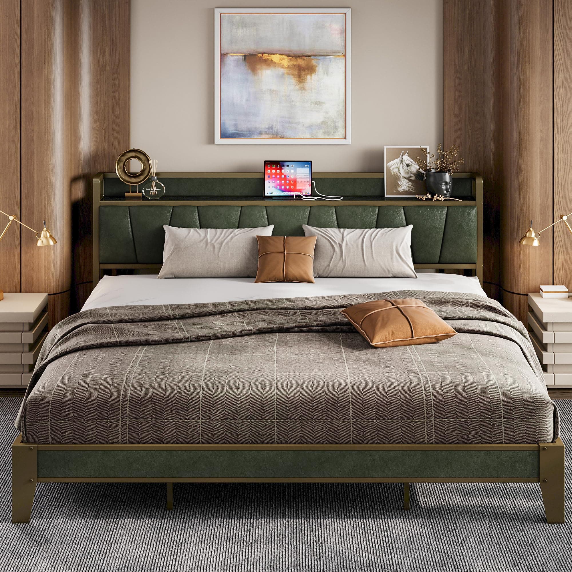 LIKIMIO King Bed Frame, Storage Headboard with Charging Station, Solid and Stable, Noise Free, No Box Spring Needed, Easy Assembly (Dark Green)