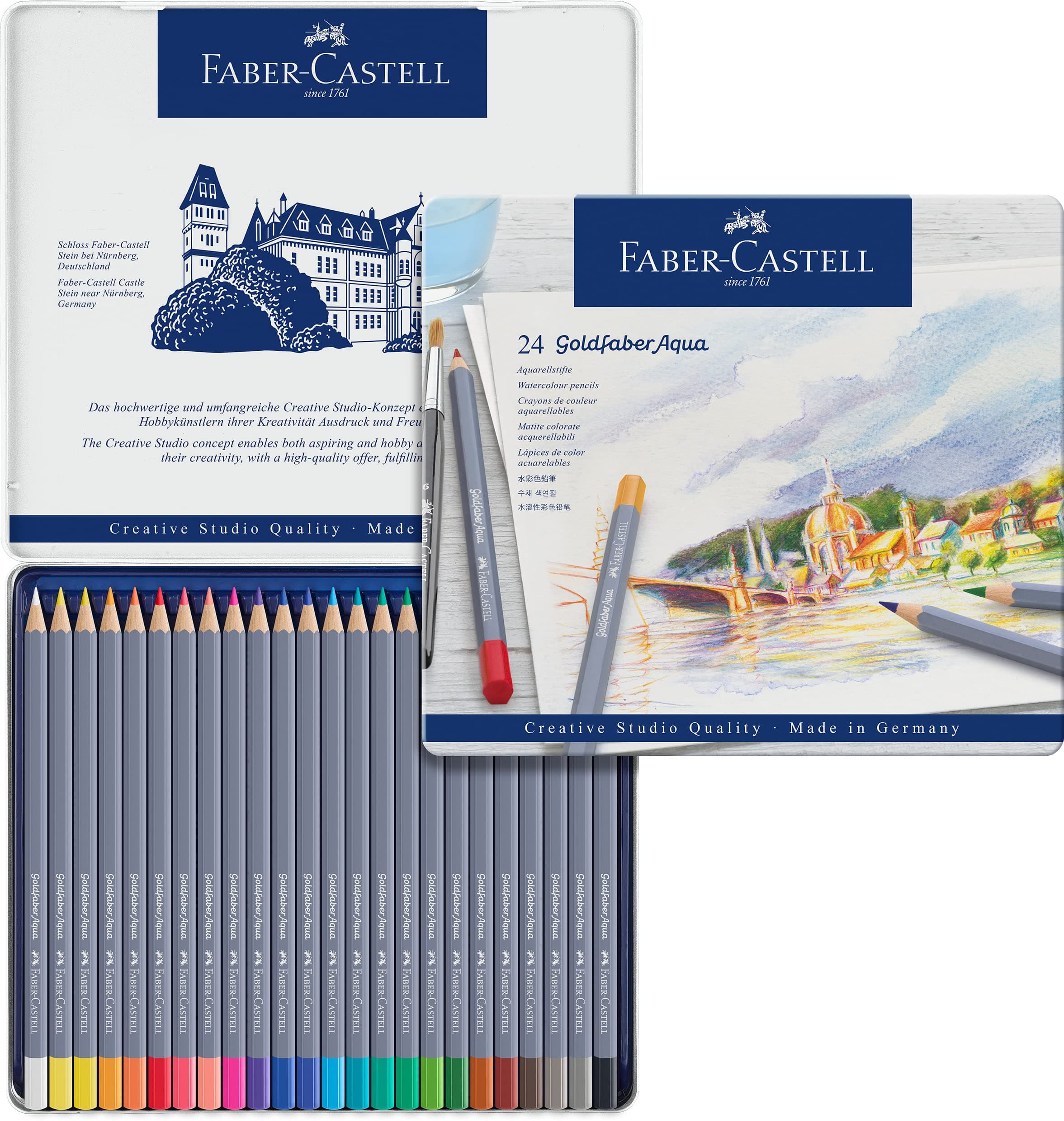 Faber-Castell Creative Studio Goldfaber Aqua Watercolour Pencil, Multicoloured, Tin of 24 Pencils, Art, Craft, Drawing, Sketching, Home, School, University, Colouring