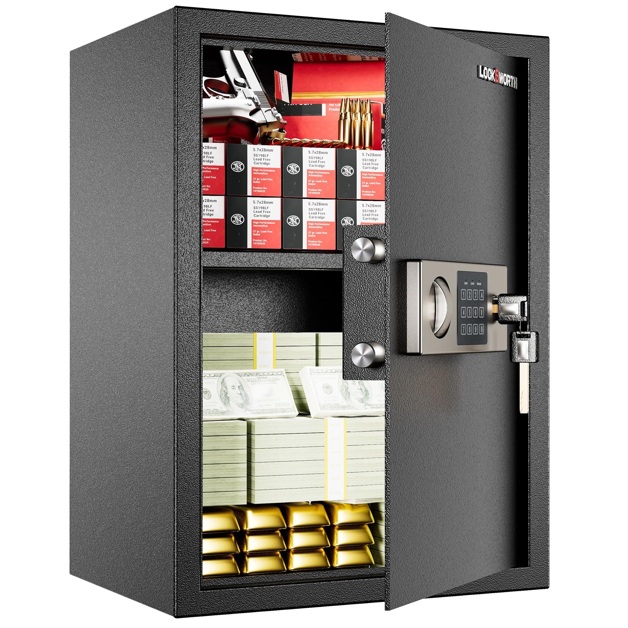 Locksworth Safe Box with Removable Shelf, Key Lock & Electronic Digital Keypad, Personal Safe for Jewelry, Gun, Pistol, Cash, Documents, Wall/Floor Anchor, Anti-Theft for Home and Office