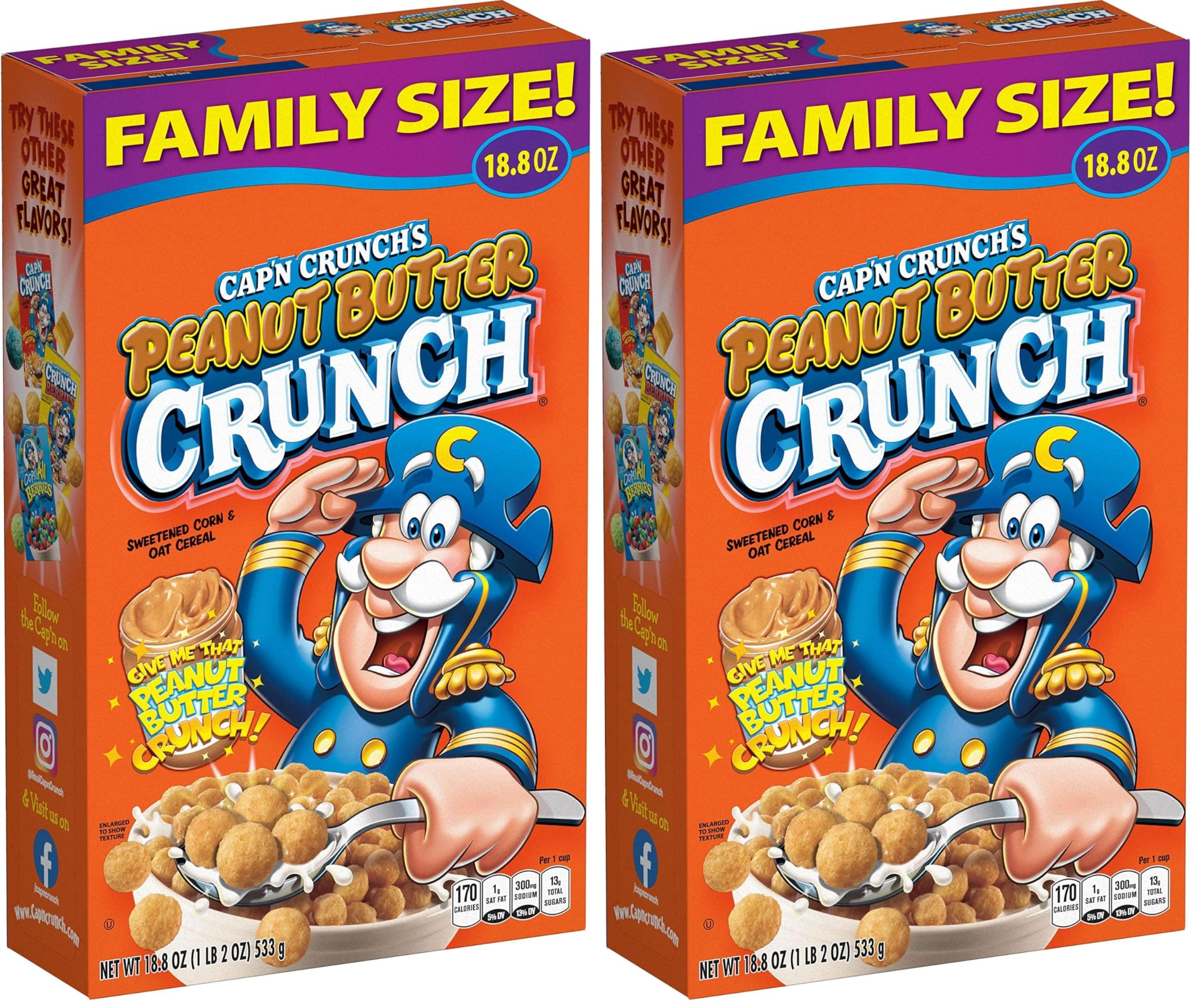 Cap'n Crunch Cereal, Peanut Butter, 18.8oz Box, Packaging May Vary (Pack of 2)