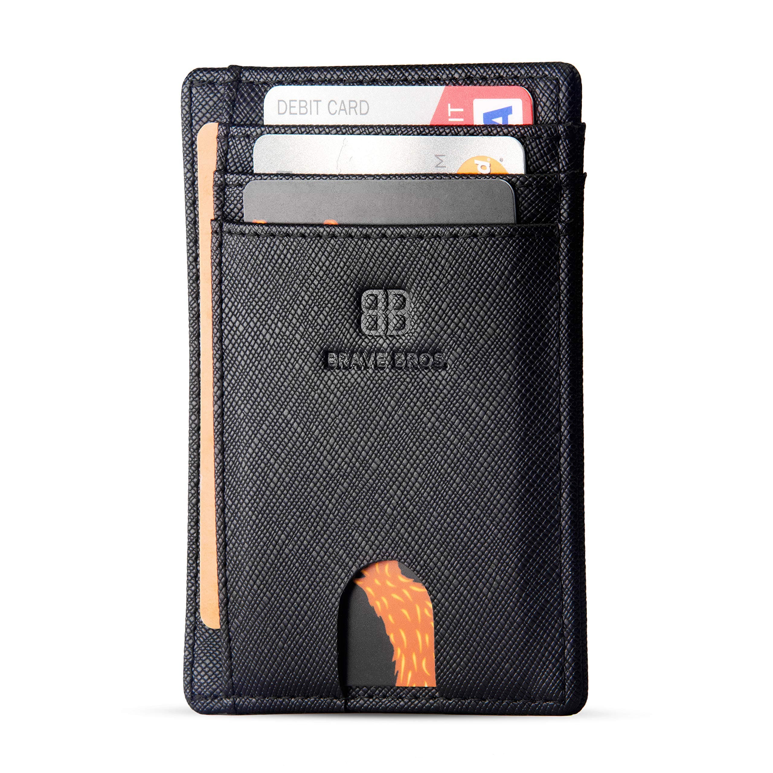 BRAVE BROS - Slim Genuine Leather RFID Blocking Minimalist Front Pocket Wallets Card Holders for Men Women (Saffiano Black)
