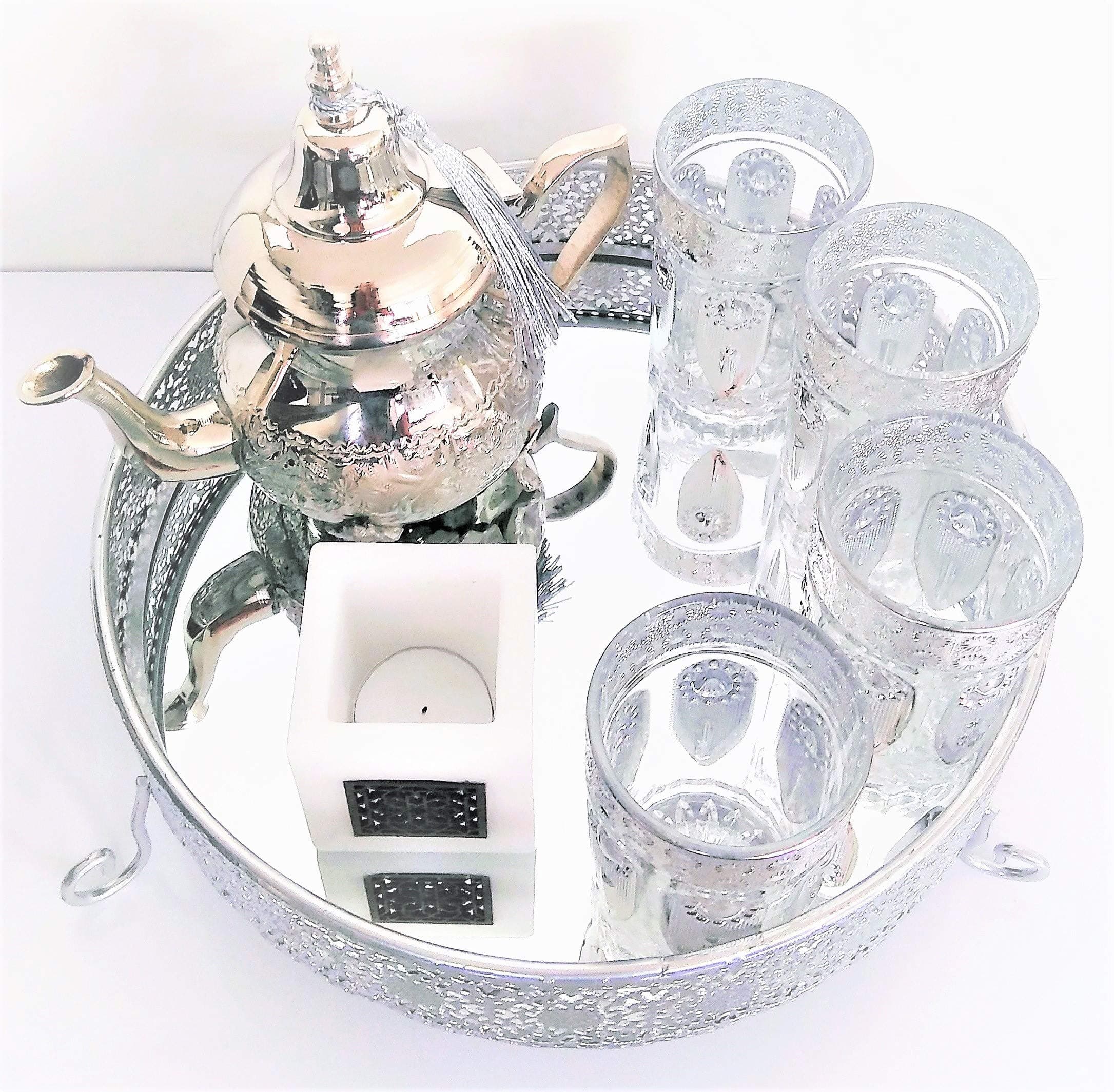 Mystery Souk Complete Moroccan Tea Set with 4 Moroccan Tea Glasses, One Moroccan Teapot, One Moroccan Tray