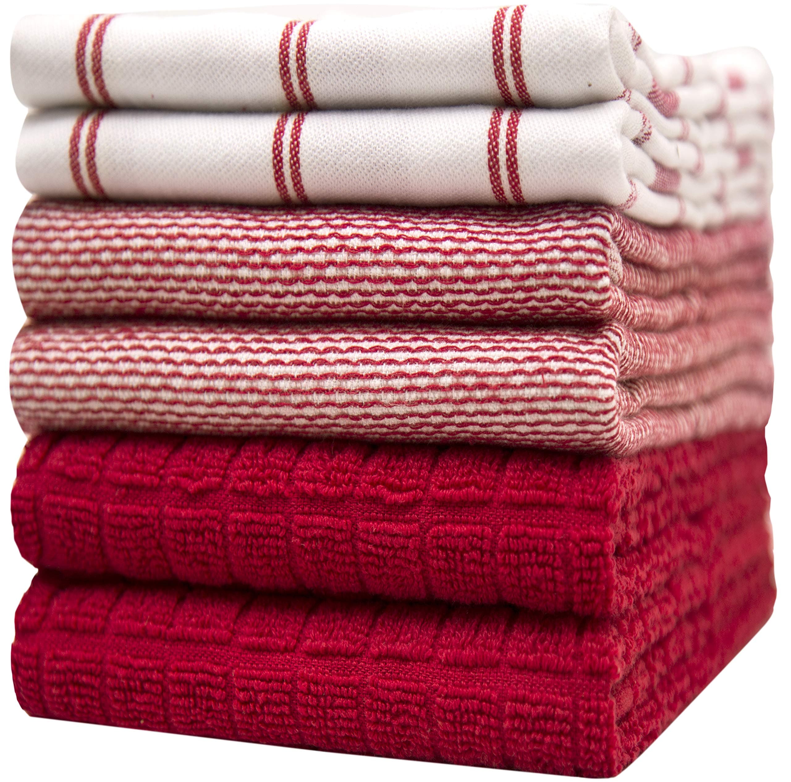 Bumble Towels Premium Kitchen (20”x 28”, 6 Pack) – Large Cotton Kitchen Hand – Flat & Terry Towel – Highly Absorbent Tea Set with Hanging Loop (Red Check)