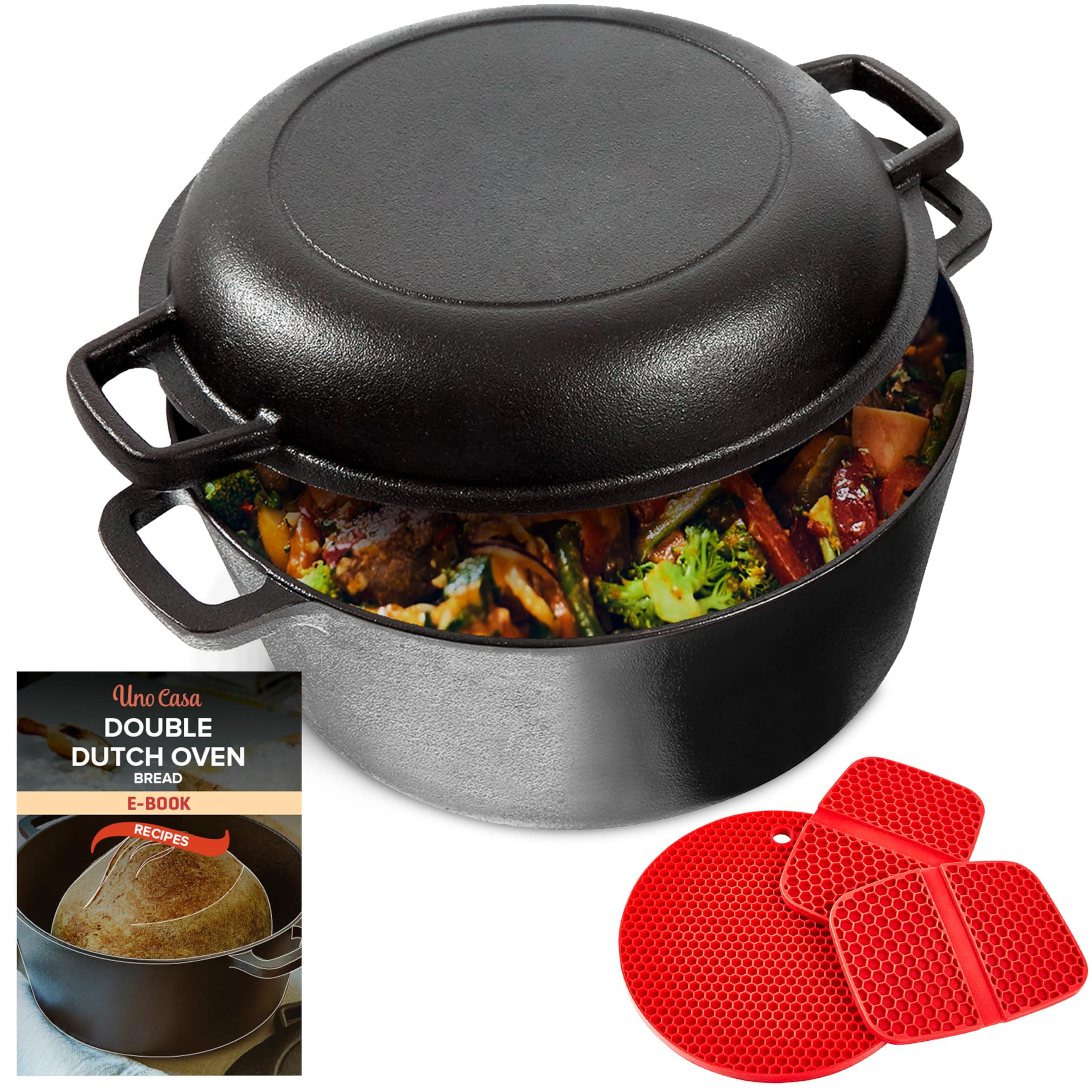 2-in-1 Cast Iron Dutch Oven Large - 5 Quart Dutch Oven Pot with Lid, Pre-Seasoned Cooking Dish for Bread Baking and Stews - Heavy Duty Cast Iron Pot with Detachable Frying Pan Lid for Versatile Cooking
