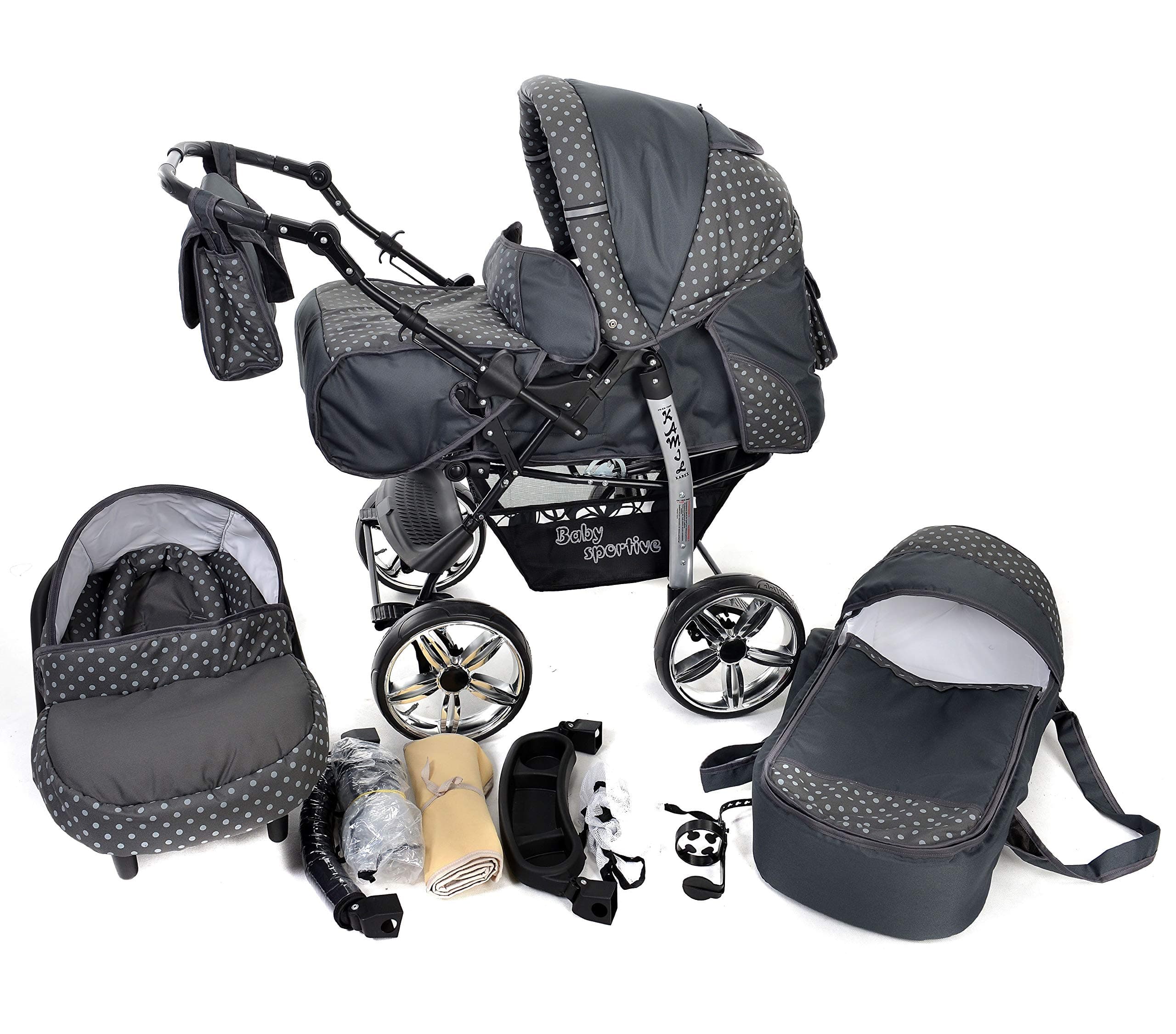 Kamil, Classic 3-in-1 Travel System with 4 Static (Fixed) Wheels incl. Baby Pram, Car Seat, Pushchair & Accessories (3-in-1 Travel System, Gray & Polka Dots)