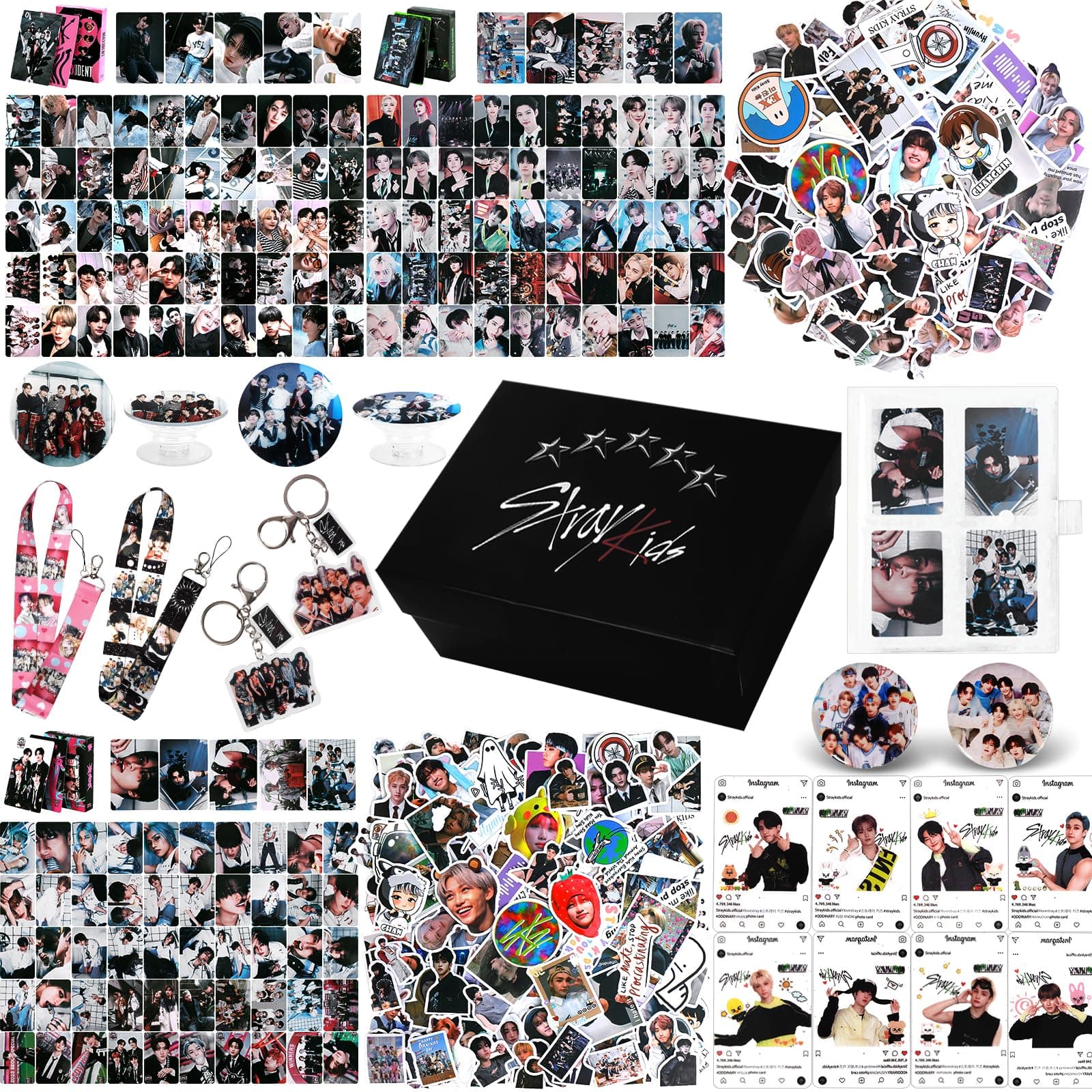 Stray Kids Merch Gift Box Set Including 3 Styles 165 Postcards, 200 Stickers, 8 Clear Cards, 2 Keychains, 2 Lanyards, 2 Badges, Photo Card Holder and Phone Ring Holder