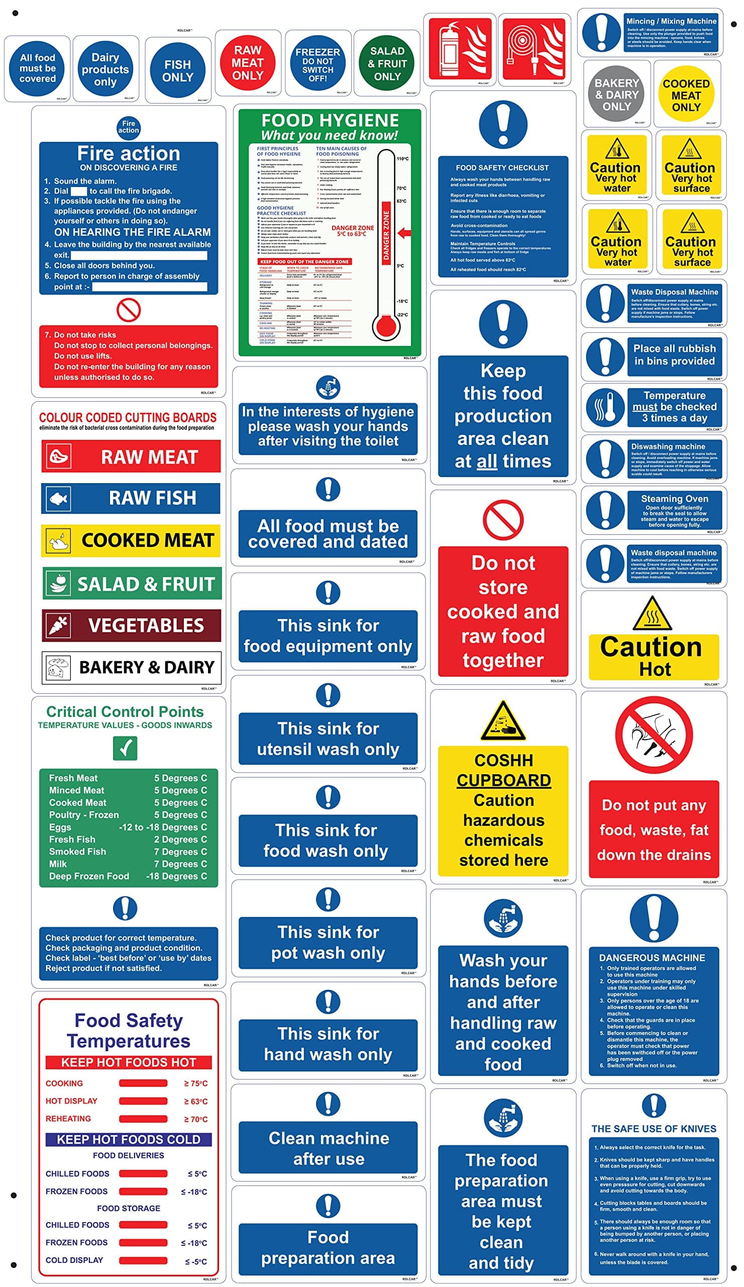 Kitchen Safety Signs & Sticker Pack, 45 Pieces, Laminated Self-Adhesive, Vinyl, Blue, Red, Yellow, Green, Utilitarian Style, Includes Allergen, COSHH, Chopping Boards, Food Hygiene Labels