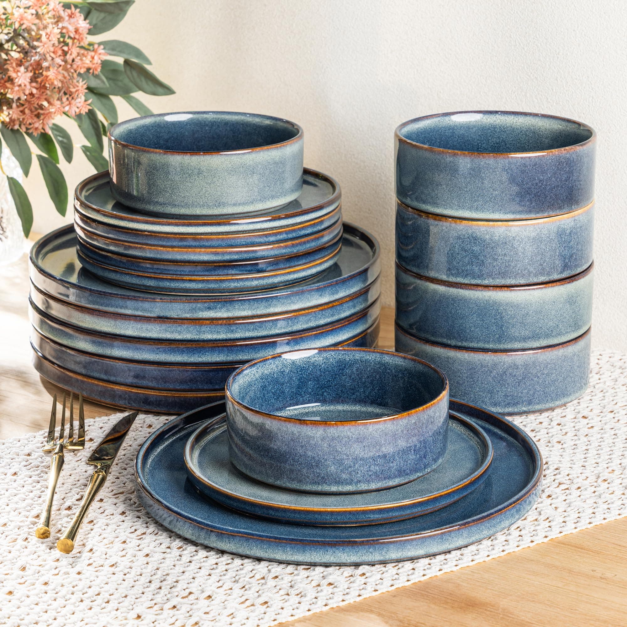 AmorArc Ceramic Dinnerware Sets, Handmade Reactive Glaze Stoneware Plates and Bowls Sets,Highly Chip and Crack Resistant | Dishwasher & Microwave Safe Dishes Set, Service for 6 (18pc)