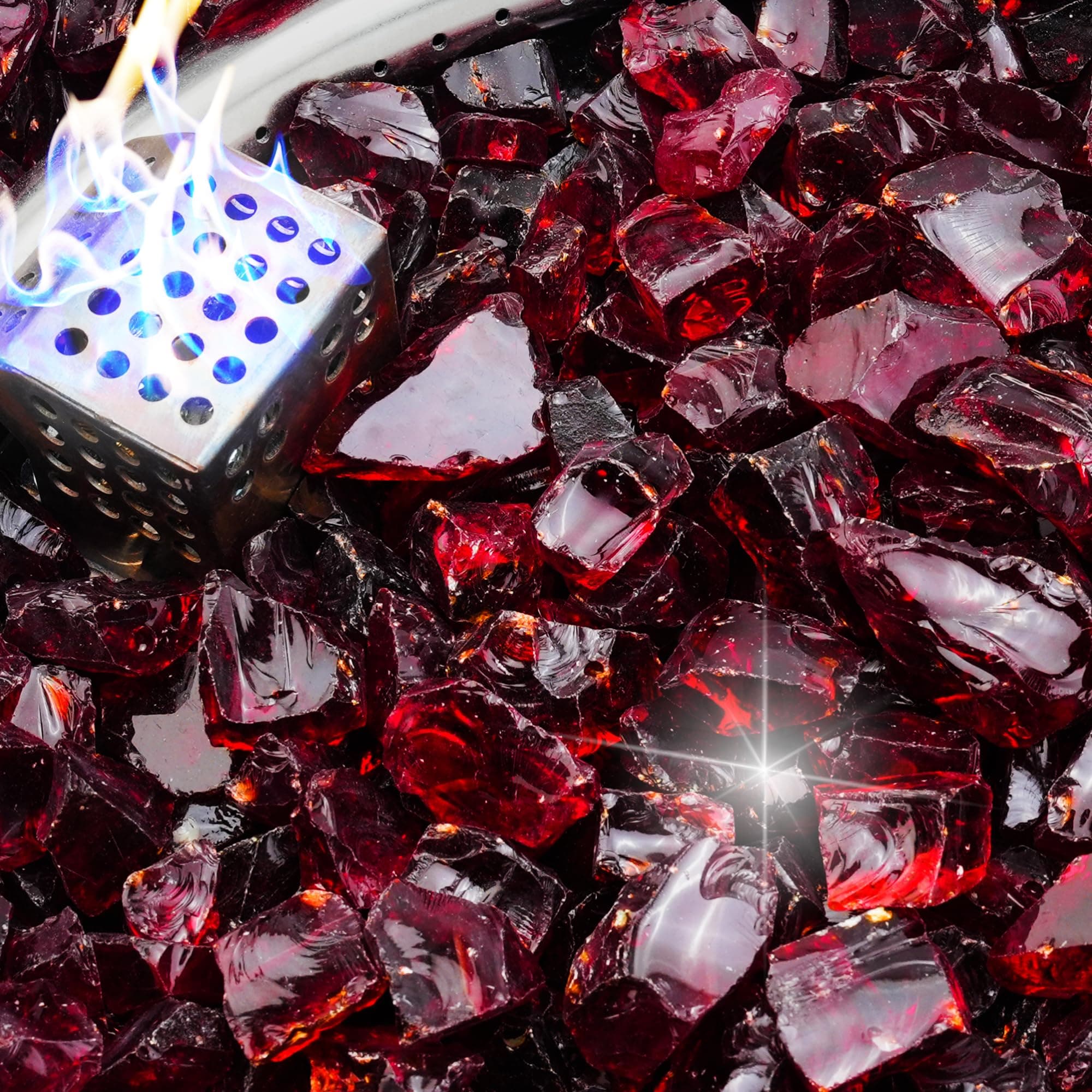 NUPICK 5 Pound Fire Glass, 1/2 Inch Shiny Fire Pit Glass, Tempered Firepit Glass Rock for Propane or Natural Gas, Glass Rocks for Fire Pit Table, Fireplace Glass for Landscaping, Red