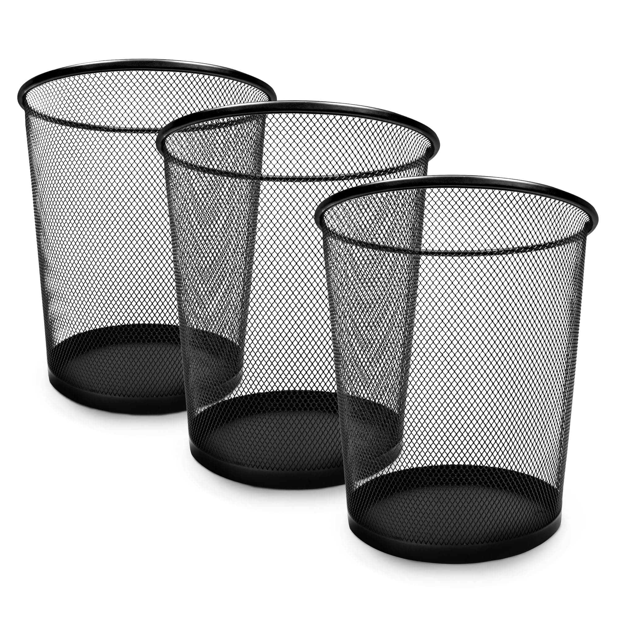 KEPLIN Round Trash Can - 3 Pack Black Non-Slip Mesh Trash Can | Waste Paper Bin | Sturdy Metal Indoor Bin for Home Bedroom Office Bathroom Living Room Kitchen