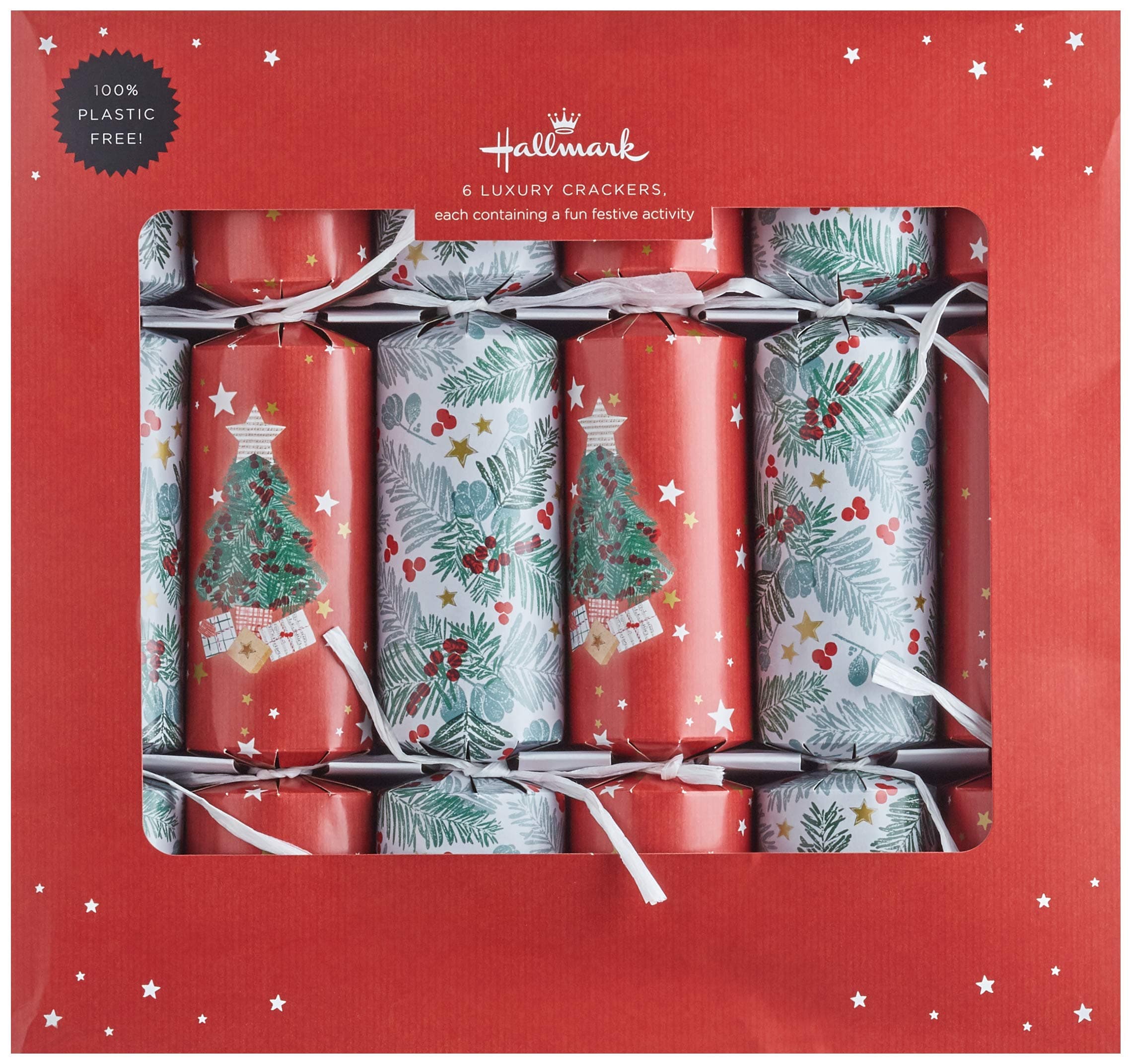 Luxury Christmas Crackers, 2 Tree and Foliage Designs, Pack of 6 in 2 Designs, Festive Red, White & Green