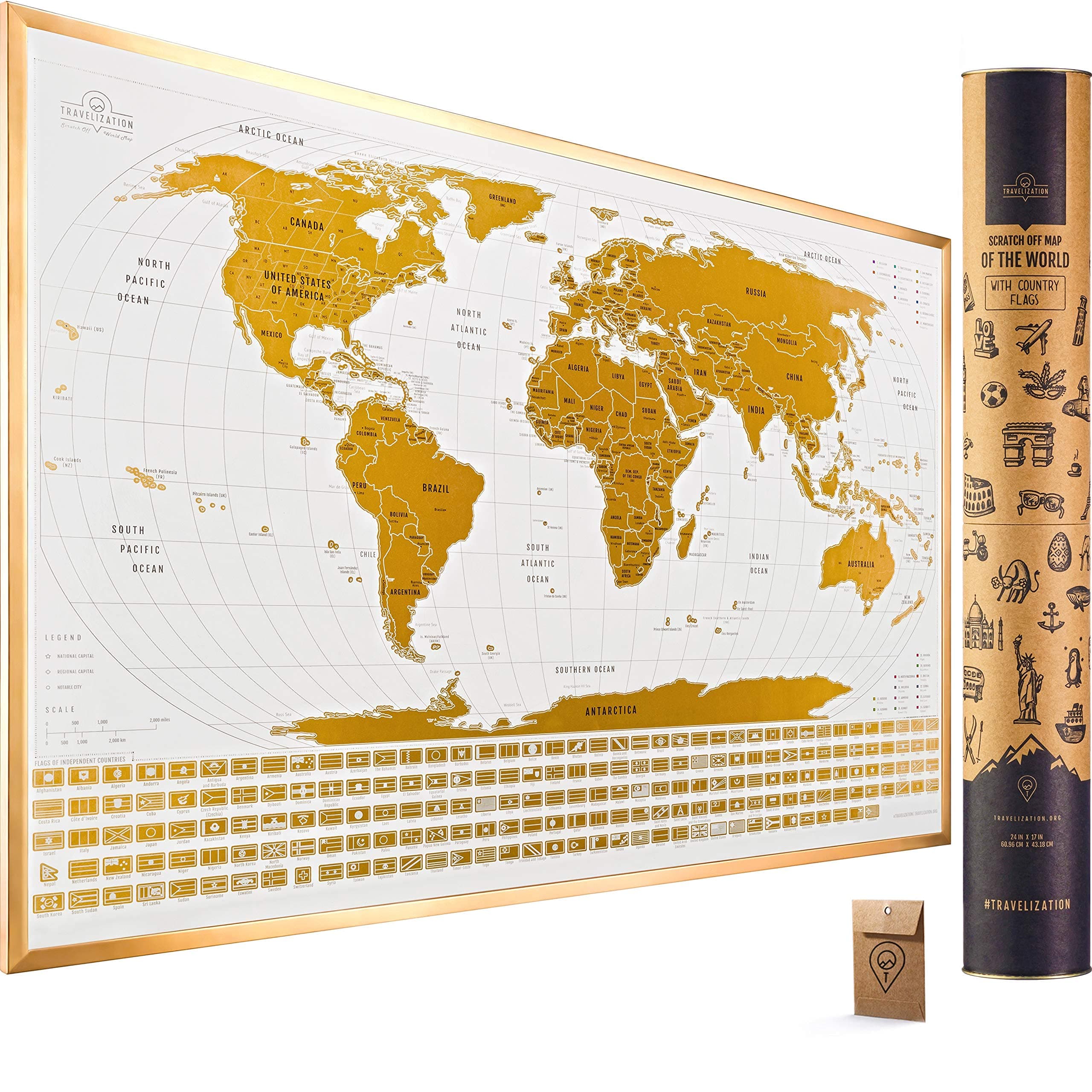Scratch Off World Map with Flag - 24 x 17 Inches Easy to Frame Scratch Off World Map Wall Art Poster with US States and Flags - Original World Map Scratch Off Travel Map Designed for Travelers