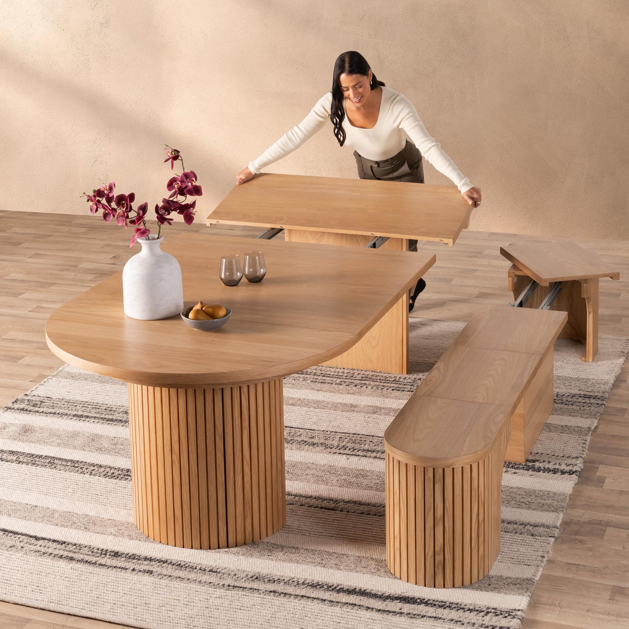 Transformer Table - Solid Wood Extendable Round Dining Table Set with Bench, Expandable Round Dining Set, Seats 4-10, Seat with Hidden Panel Storage, Natural (Table + Bench)