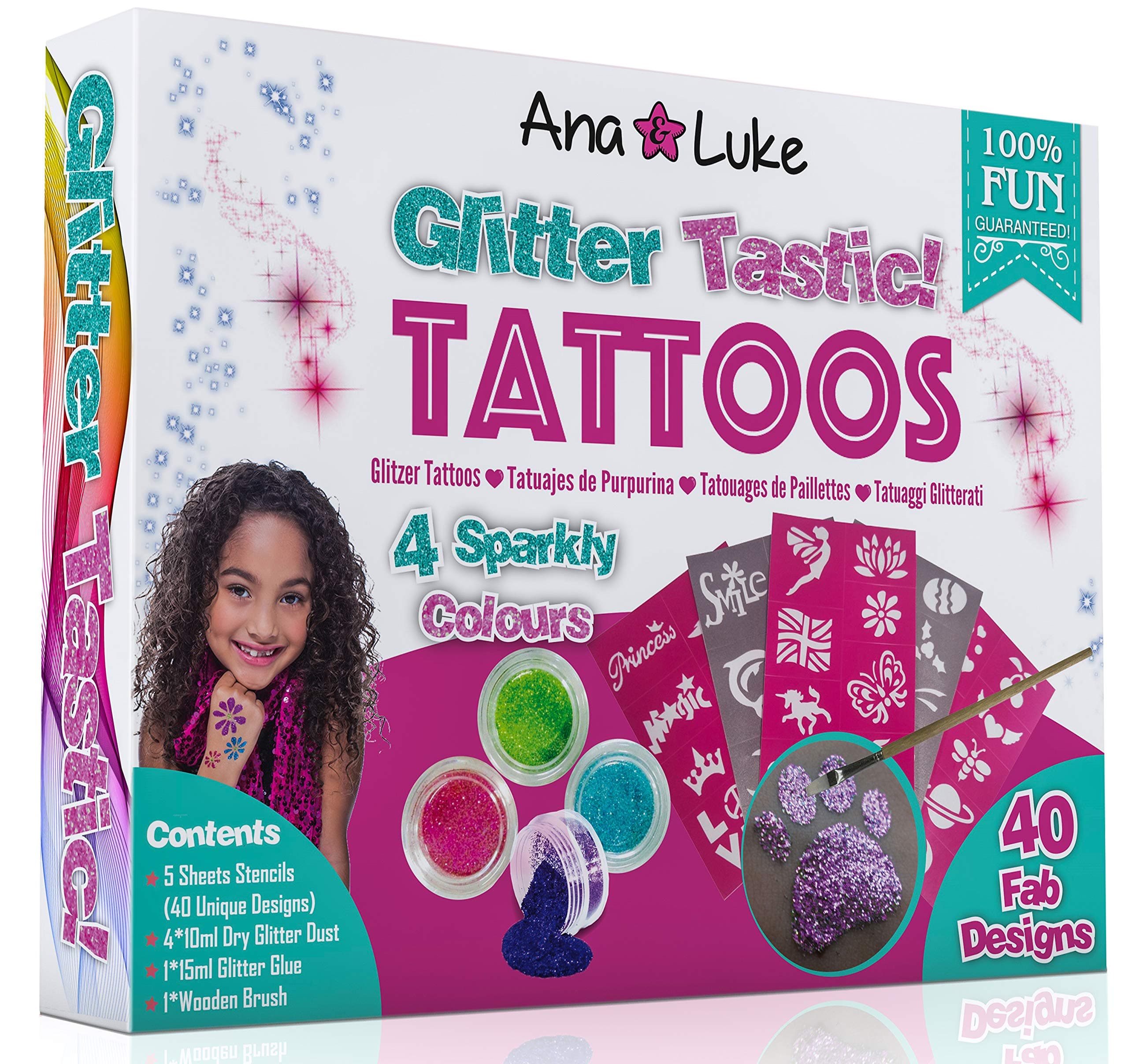 Ana and Luke Glitter Tattoos Kit, Mega Pack for Face, Body for Girls, Kids, 4 Large Pots of Glitter, 40 Adhesive Stencil Temporary Designs, Glue, Brush Perfect Party Set/Gift for Birthday Xmas