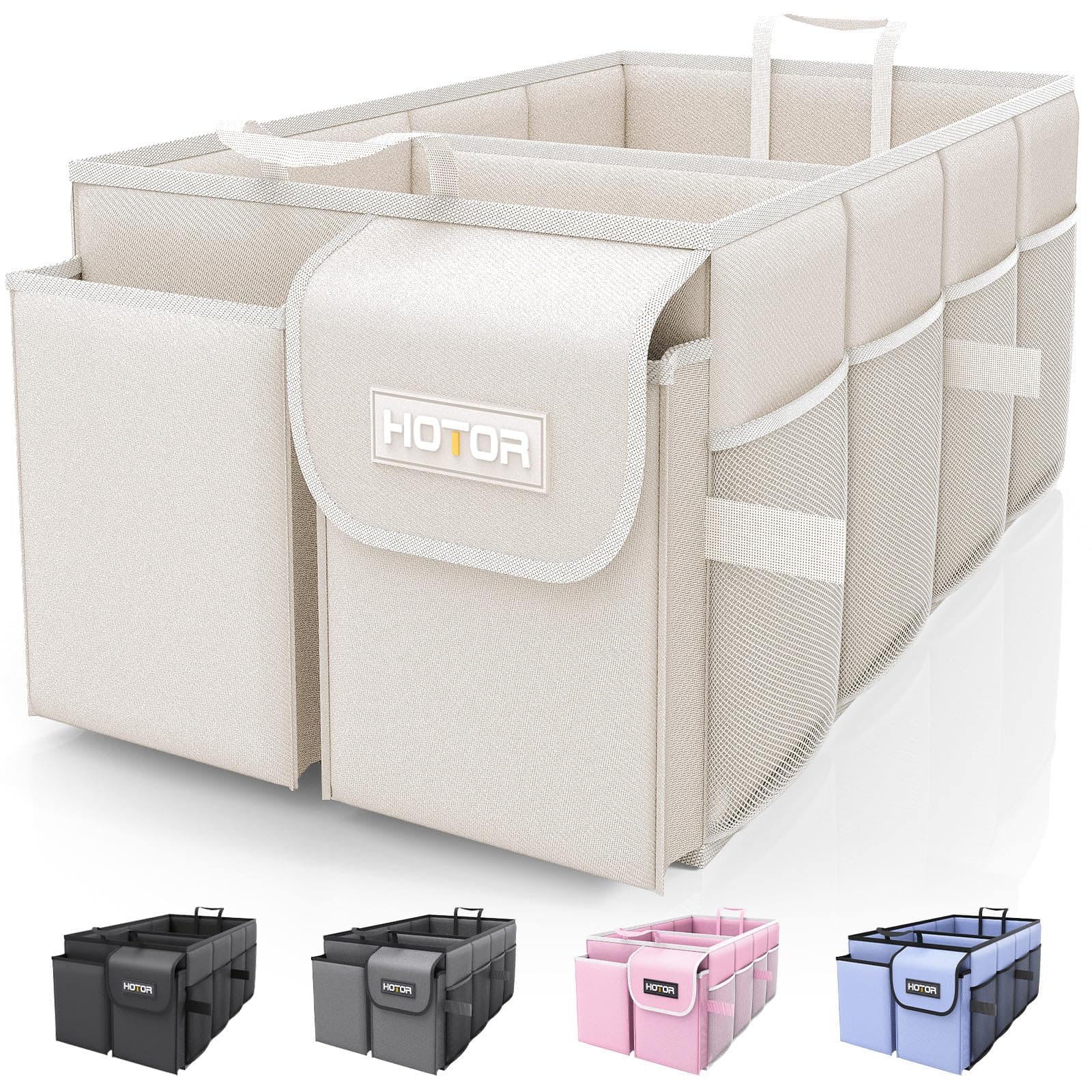 HOTOR Trunk Organizer for Car - Car Organizer, Foldable Trunk organizer for SUVs & Sedans, Sturdy Car Organization for Car Accessories, Tools, Sundries, Beige, 2 Compartments, 21.3"×12.6"×10.6"