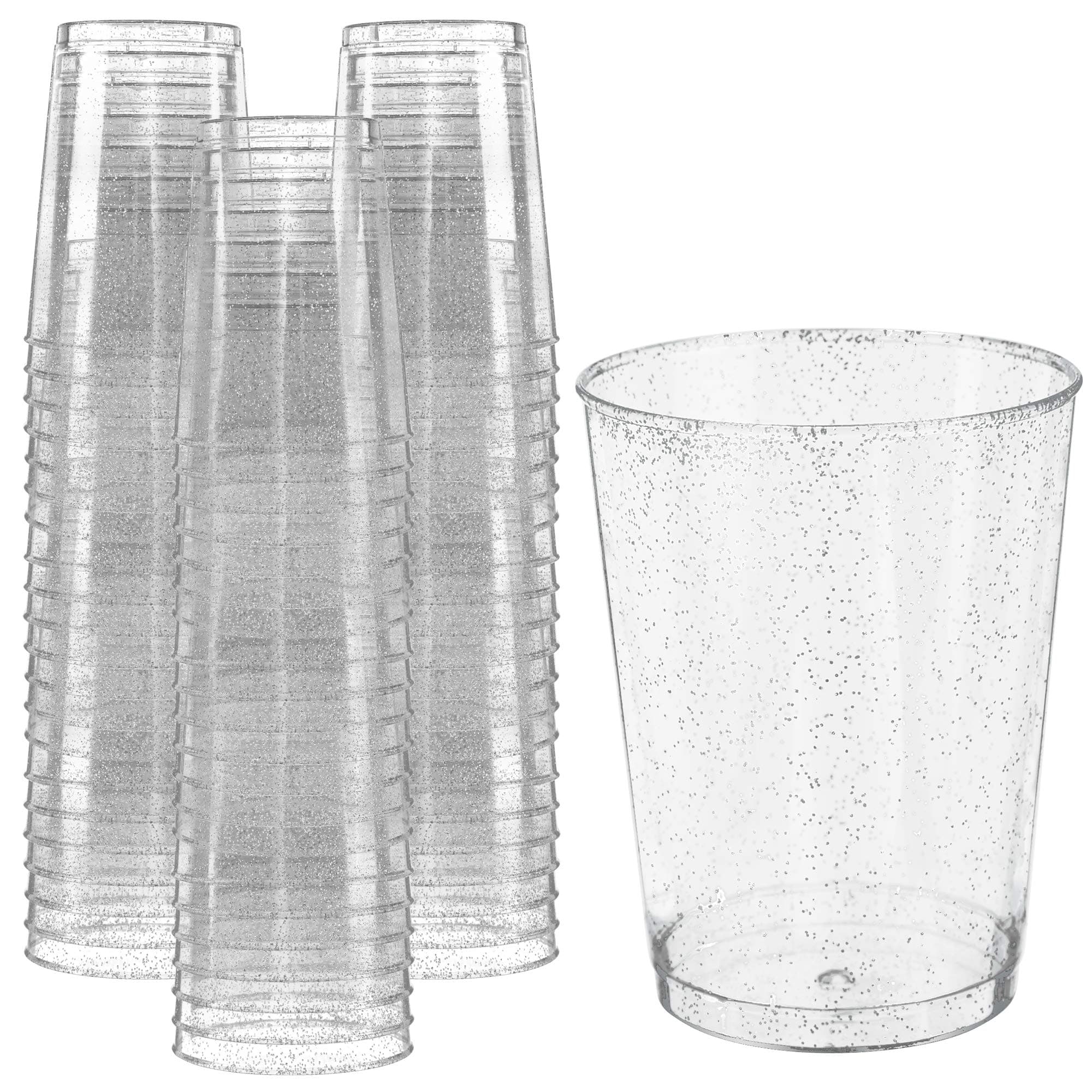 Glitter Disposable Cups | 10 oz. 50 Pack | Clear Plastic Cups | Silver Glitter Plastic Party Cups | Disposable Plastic Wine Glasses for Parties | Plastic Cocktail Glasses | Wedding Holiday Tumblers
