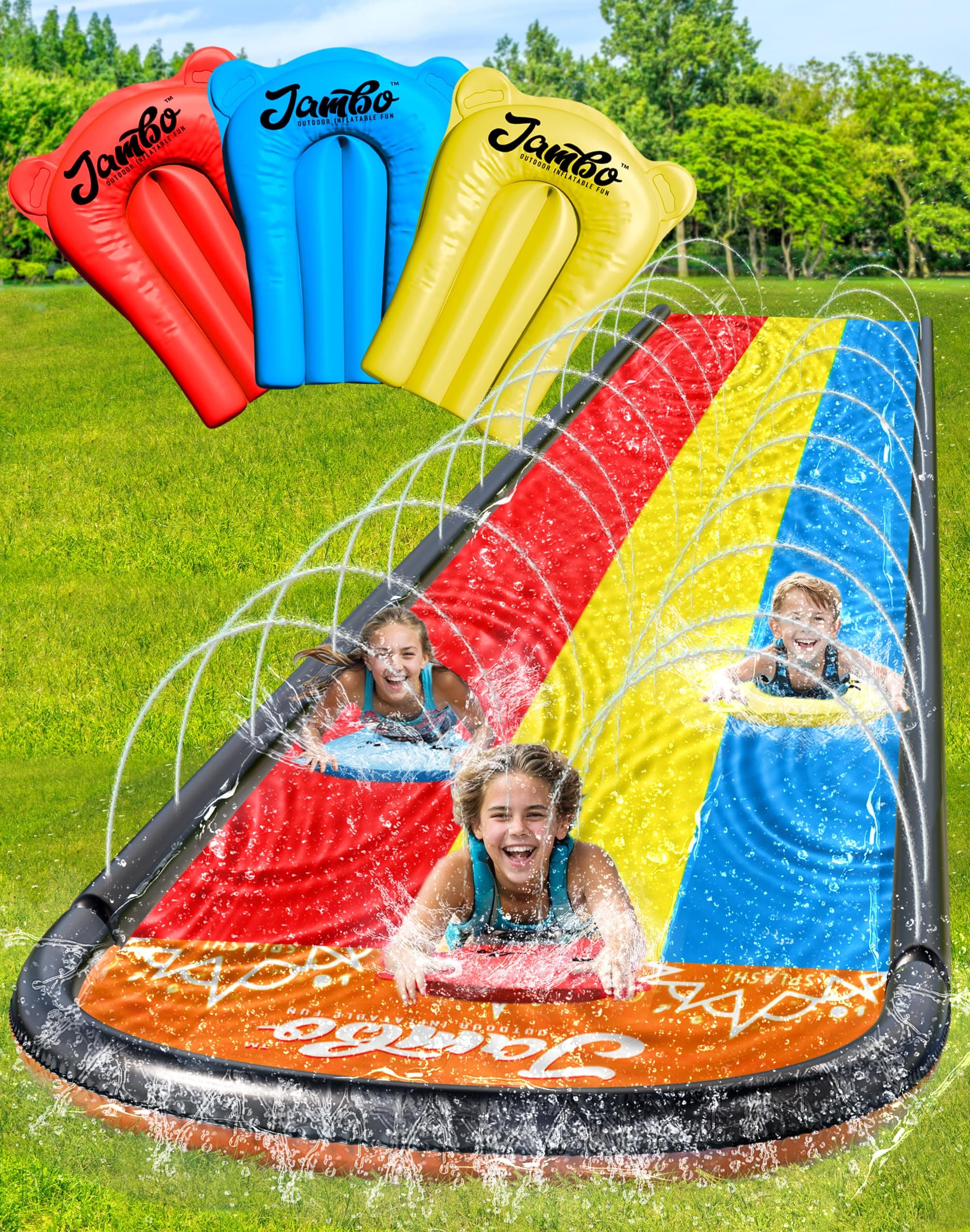 Jambo 16ft Premium Slip Splash and Slide, Three- Way Sprinkler System with 3 Body Boards, Water Slide with Advanced Sprinklers System | Backyard Waterslide Outdoor Water Toys Slides for Kids