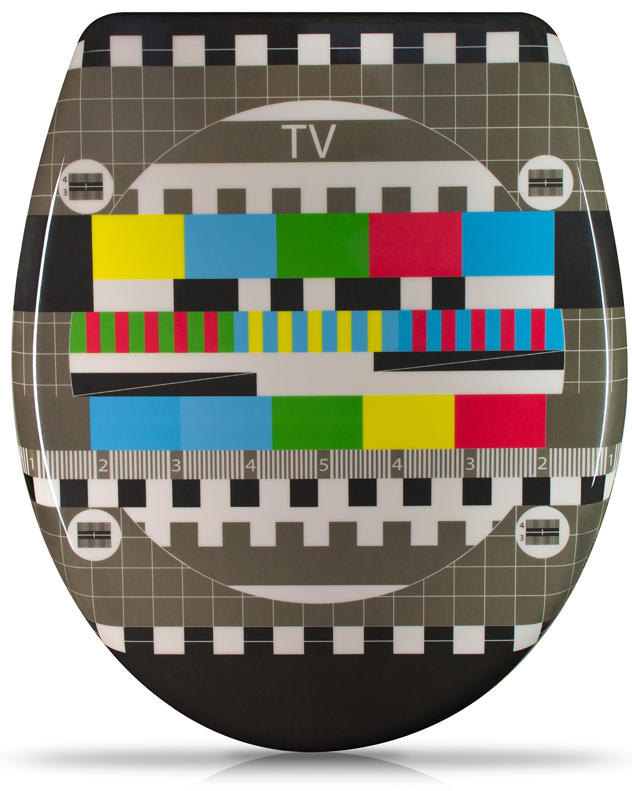 WC Seat with Slow Close Mechanism - "TV Test Pattern" Design - Duroplast Toilet Seat Motif and Mounting Kit - Grinscard