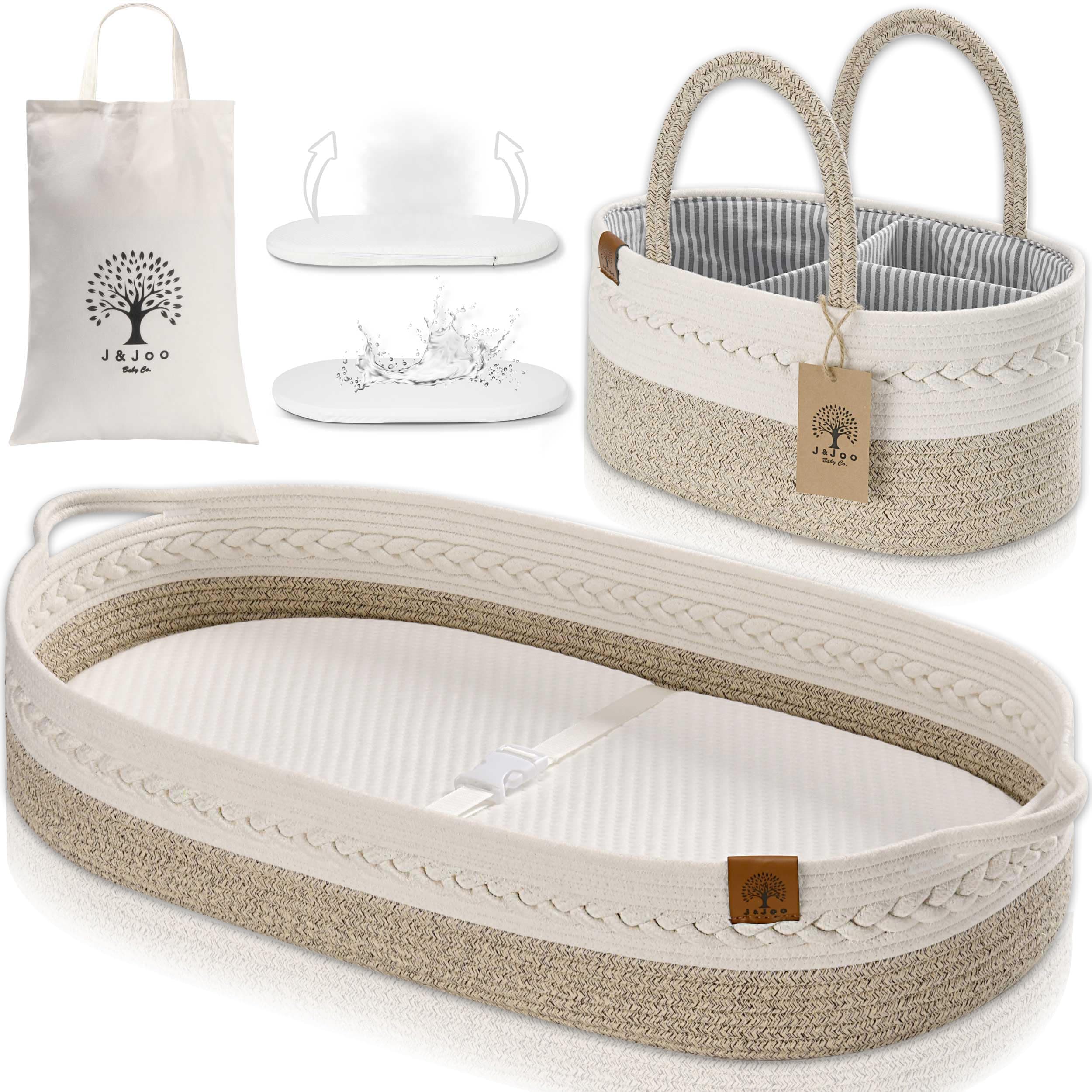 Baby Changing Basket Includes Diaper Caddy - Soft & Waterproof Dual-Cover, Portable, Changing Pad for Dresser & Changing Table, Gift for Baby Shower, Organic Cotton Rope
