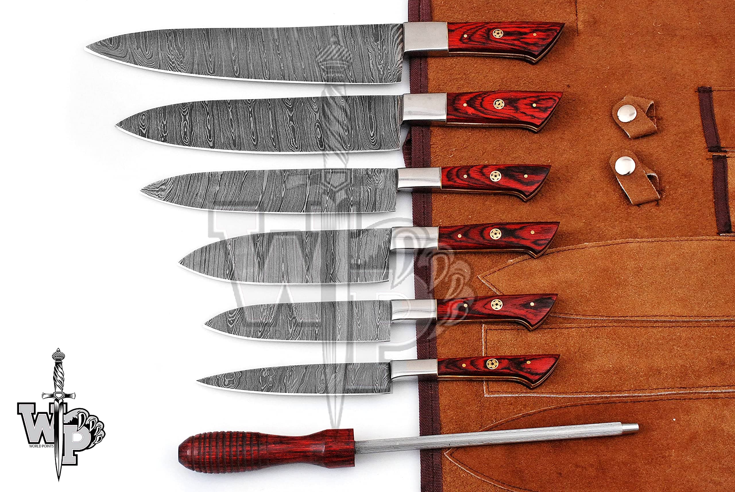 WP-1071 Custom Handmade Damascus Kitchen/Chef Knife Set 6/Piece Pocket Case Chef Knife Roll Bag By World Points (Red Wood)