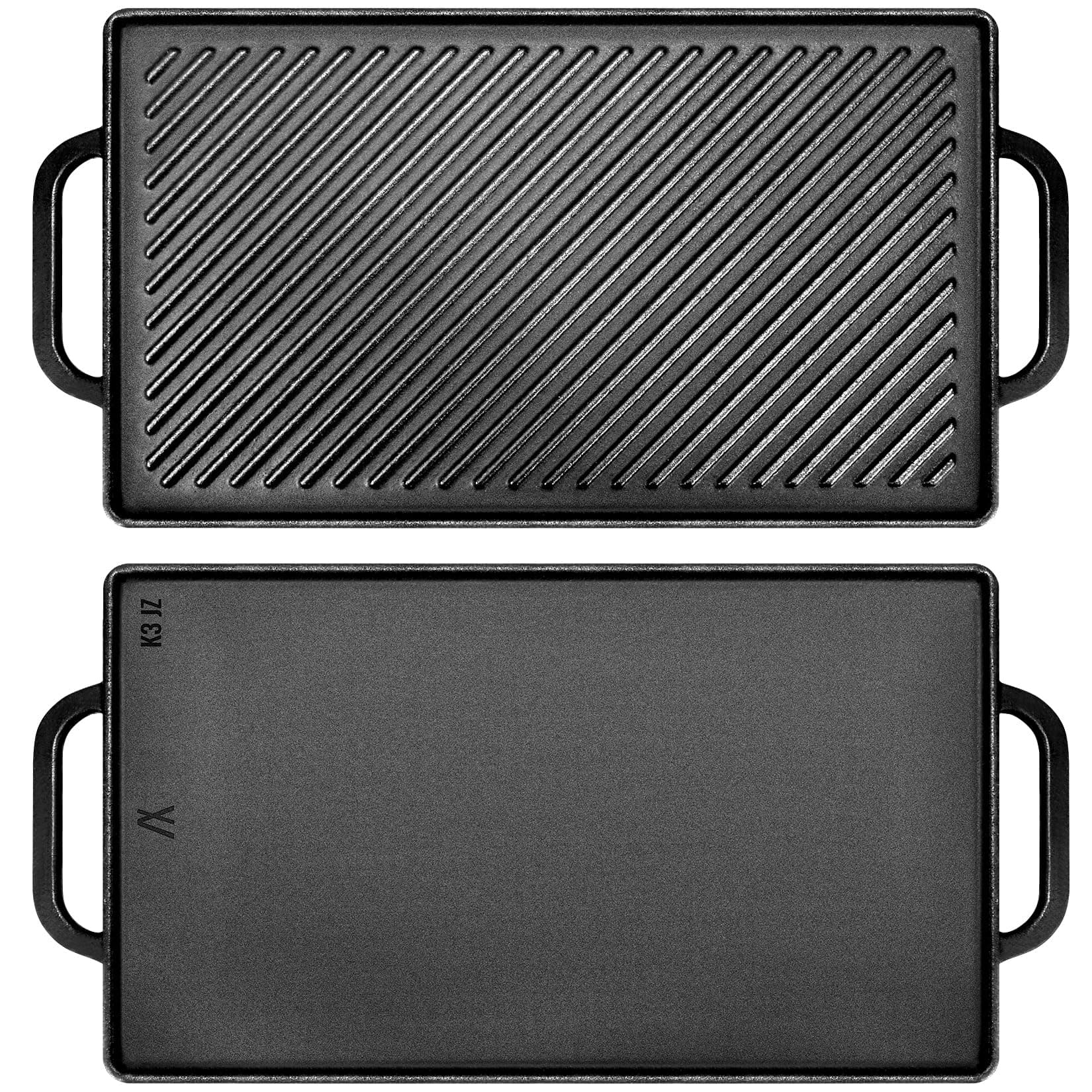 Cast Iron Reversible Griddle, Double-sided Griddle Pan for Indoor and Outdoor Cooking, 15 x 9 Griddle Plate with Flat and Ribbed Side for Stove Tops, Gas Grills and Camping